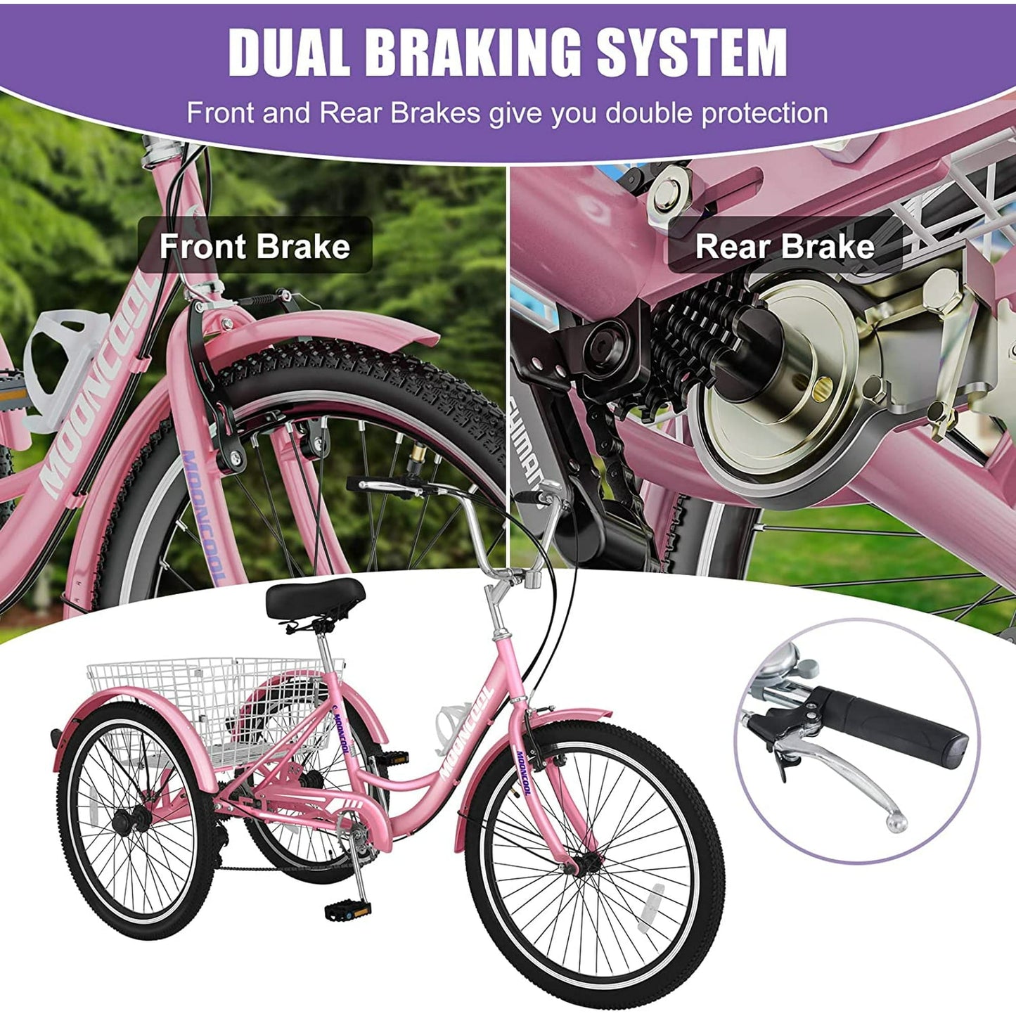 Lilypelle Adult Tricycles 7 Speed 24 inch Three Wheel Bike Cruiser Trike with Low-Step Through Frame/Large Basket for Men, Women, Seniors,Pink