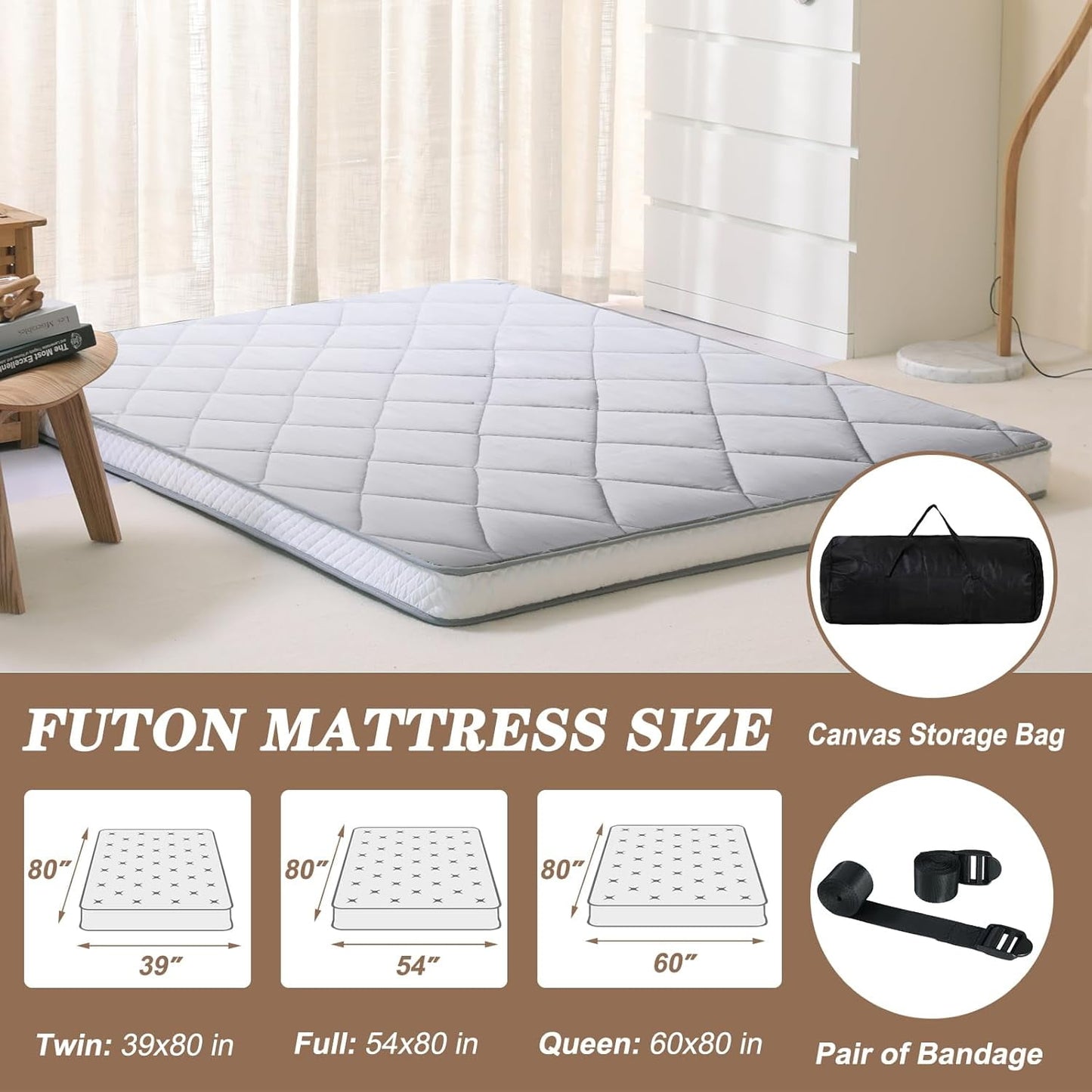 LILYPELLE Futon Mattress,Upgraded Japanese Floor Mattress,Living Room Futon Quilted Bed Mattress Topper,Folding Sleeping Pad, Gray, Twin