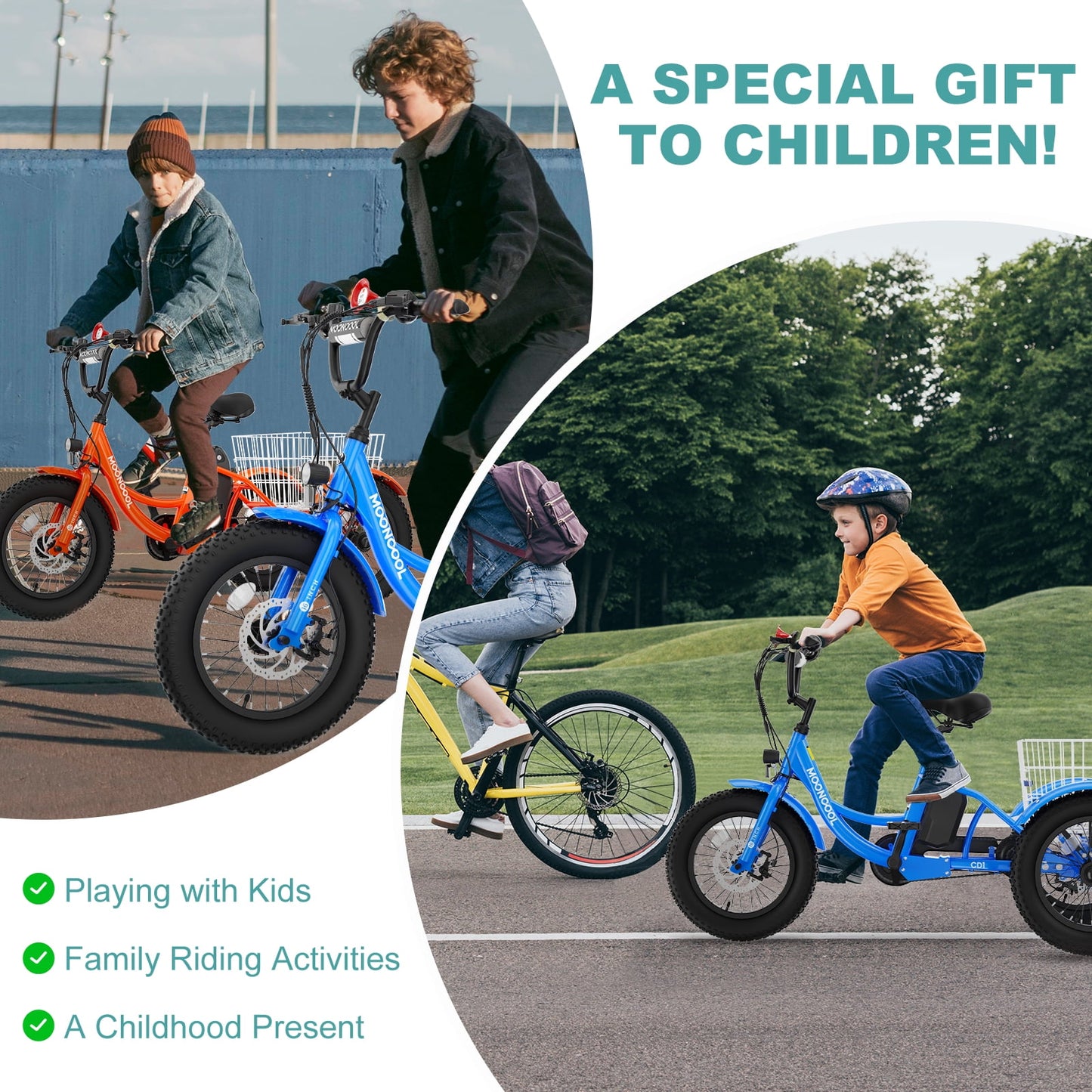 MOONCOOL Electric Tricycle for Kids ,16"x3" 3 Wheel 250W 10.4Ah Etrike W/ LED headlight & Rear Basket & horn bell & DIY stickers，6/9/12.5 MPH