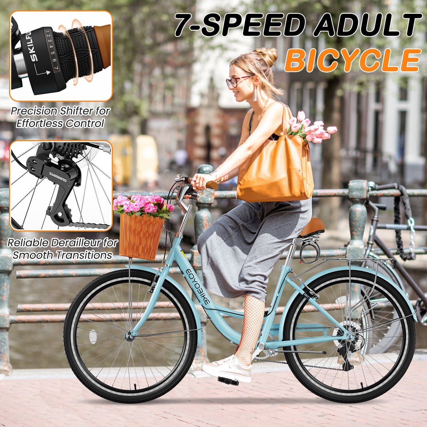 Lilypelle Womens Bike, 7 Speed Bike for Adults Women 24 26 inch with Ratten Basket & Rack, Beach Cruiser Bike for Women, Womens Bicycle for Commuting, Step Through City Bikes for Women Adults Ladies
