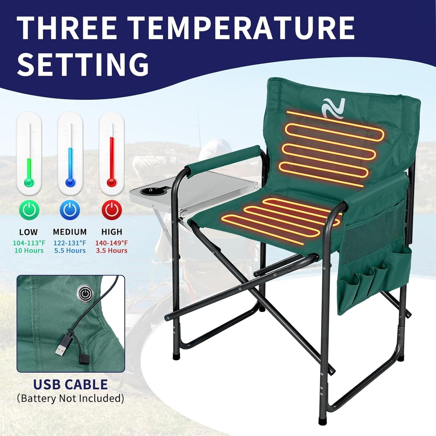Lilypelle Oversized Heated Camping Chair, Portable Directors Chair with 3 Heat Levels, Heavy Duty Outdoor Heating Folding Chair Camp with Side Table, Pocket for Camping, Fishing, Picnic