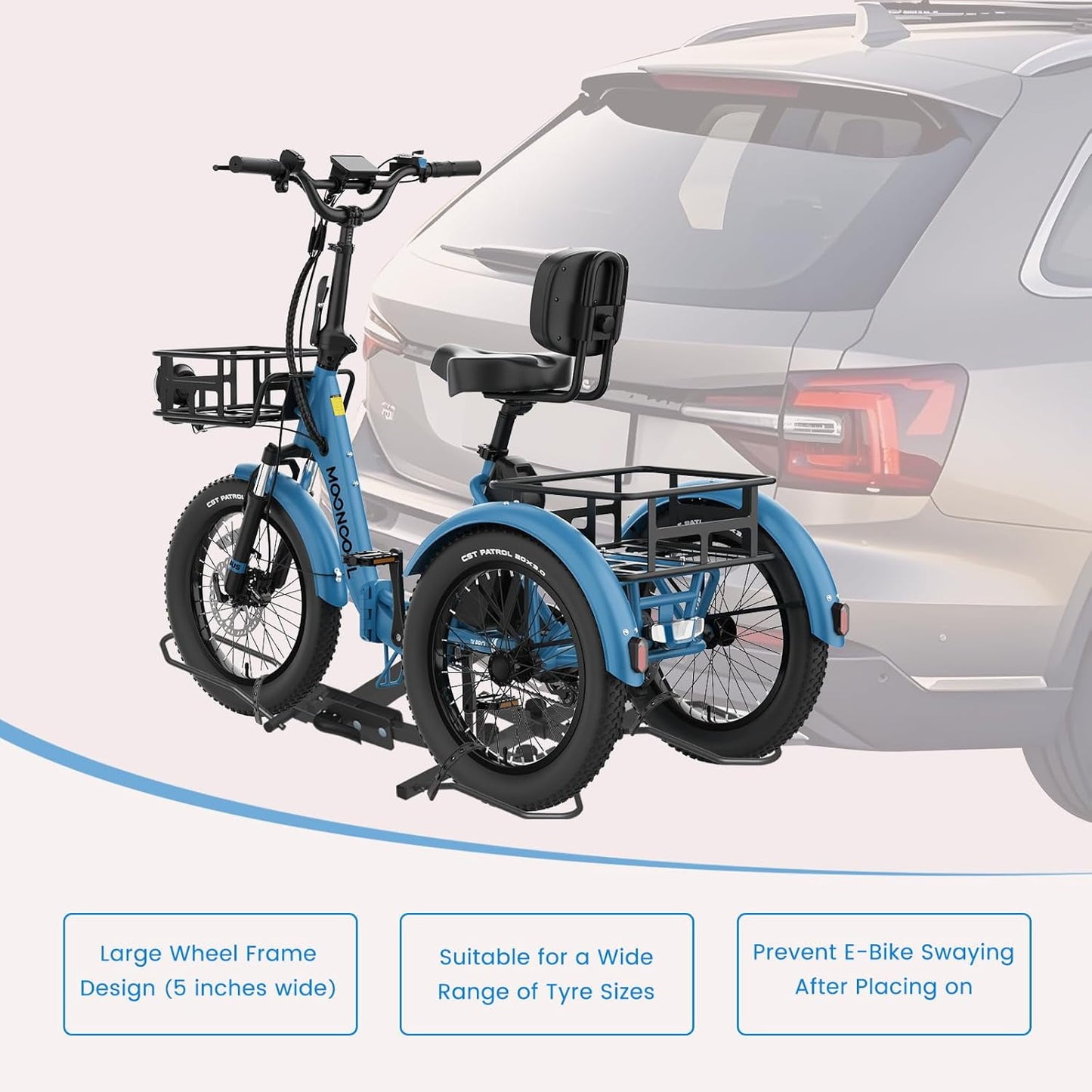 MOONCOOL Folding Hitch Trike Rack, 170 lbs Capacity, Fits Up to 5" Fat Tires and 42"-59" Wheelbase, Rear Bike Carrier for Adult Tricycles, 2" Receiver Mount for Cars, SUVs, Vans, RVs, Black