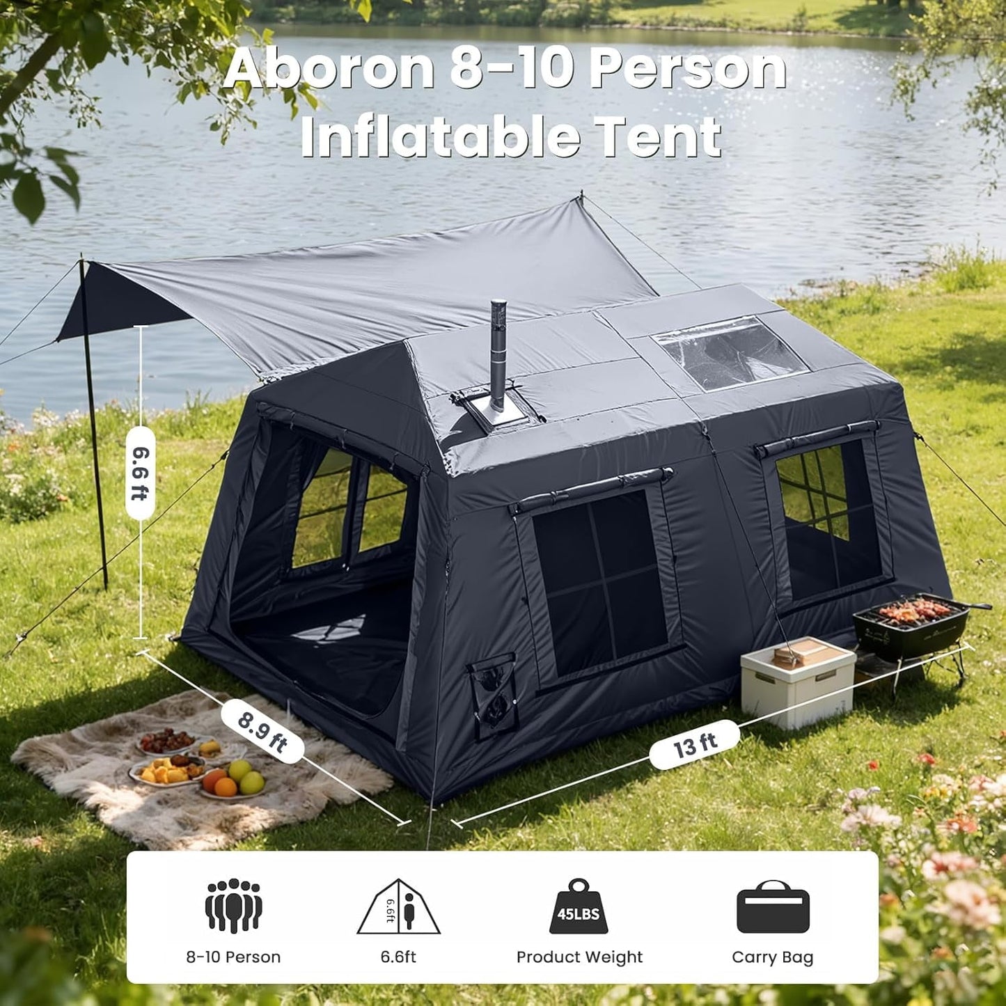 Lilypelle 8-10 Person Blow Up Inflatable Tent, with Removable Canopy and Stove Jack, 2 Room Instant Setup Air Cabin, Waterproof Oxford Hot Camping Tent for Family Glamping