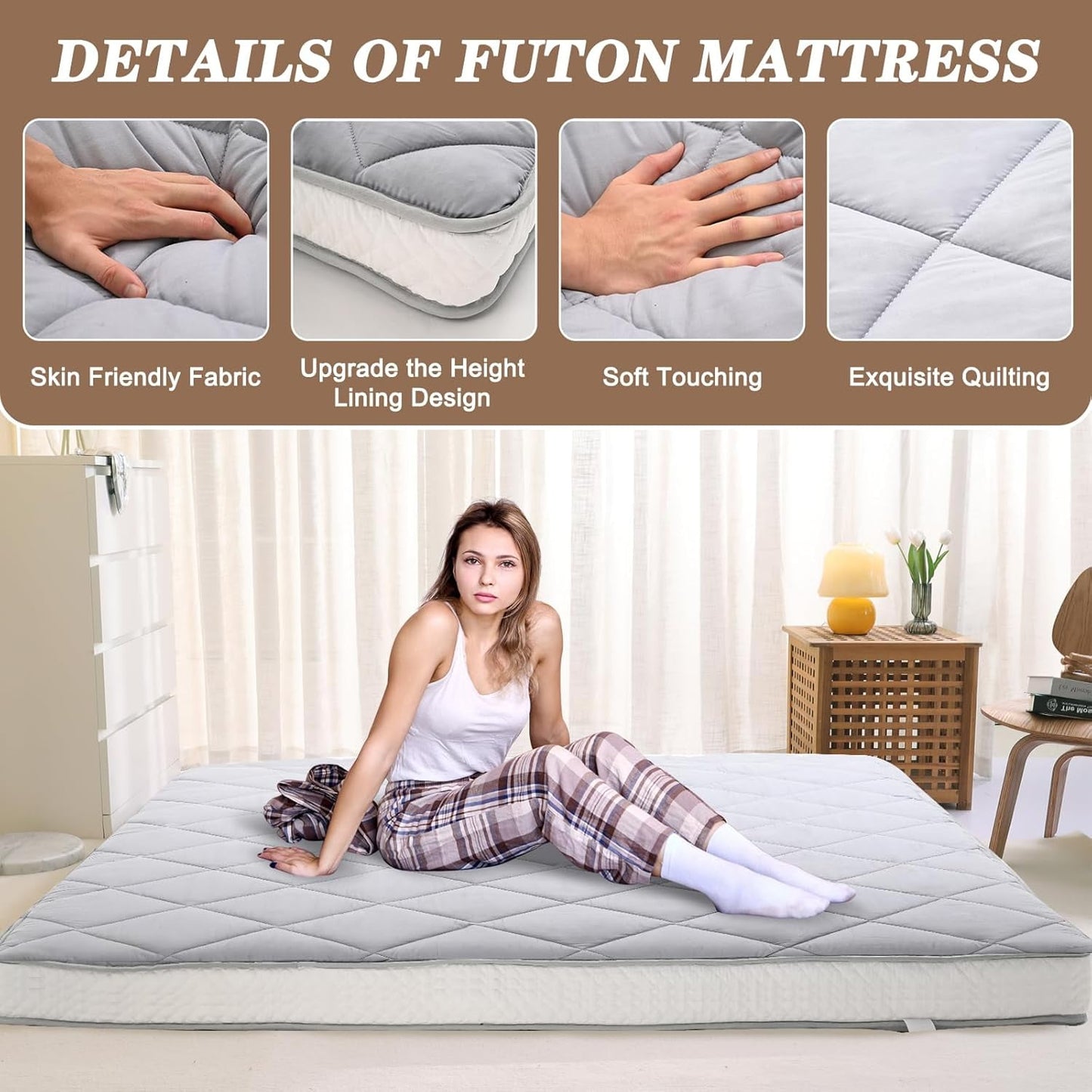 LILYPELLE Futon Mattress,Upgraded Japanese Floor Mattress,Living Room Futon Quilted Bed Mattress Topper,Folding Sleeping Pad, Gray, Twin