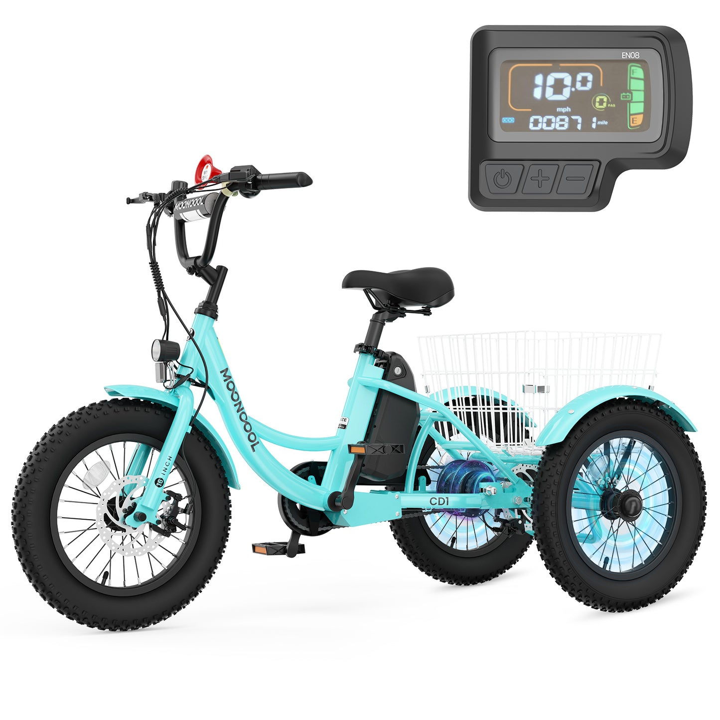 Mooncool Electric Tricycle for Kids , 3 Wheels 16"x3" Fat Tire Tricycle Electric Trike Cruiser Bicycle, 250W Aluminum Frame Electric Trikes Etrike with 10.4Ah Removable Battery and Rear Basket