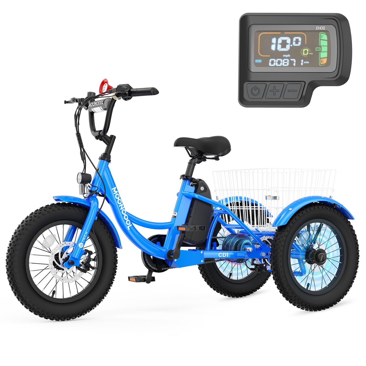 Mooncool Electric Tricycle for Kids , 3 Wheels 16"x3" Fat Tire Tricycle Electric Trike Cruiser Bicycle, 250W Aluminum Frame Electric Trikes Etrike with 10.4Ah Removable Battery and Rear Basket