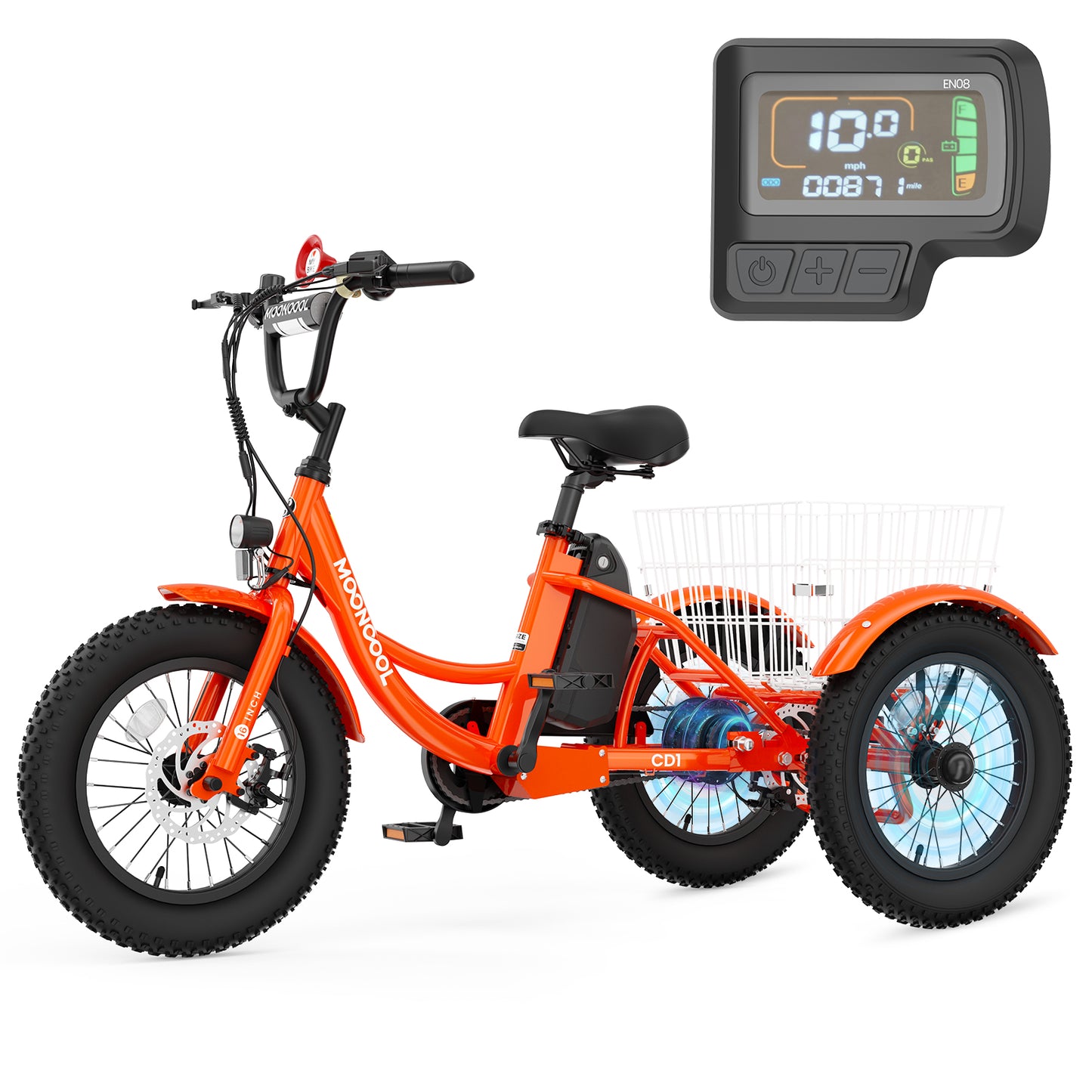 Mooncool Electric Tricycle for Kids , 3 Wheels 16"x3" Fat Tire Tricycle Electric Trike Cruiser Bicycle, 250W Aluminum Frame Electric Trikes Etrike with 10.4Ah Removable Battery and Rear Basket