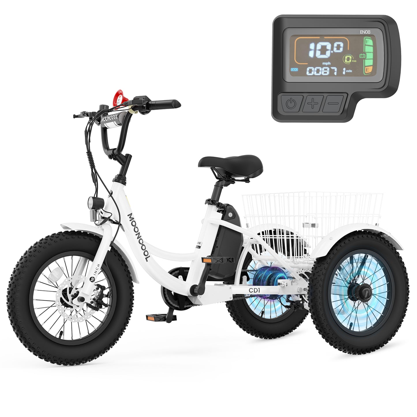 Mooncool Electric Tricycle for Kids , 3 Wheels 16"x3" Fat Tire Tricycle Electric Trike Cruiser Bicycle, 250W Aluminum Frame Electric Trikes Etrike with 10.4Ah Removable Battery and Rear Basket