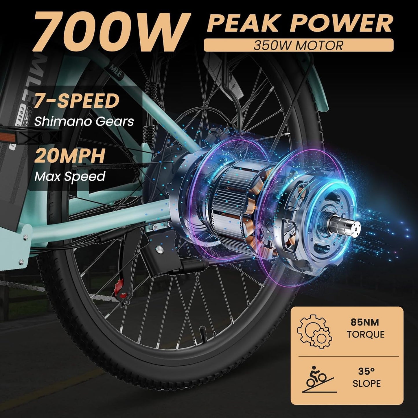 MOONCOOL Electric Bicycle for Adults 350W , 7-Speed Ebike with 36V 10.4Ah Removable Battery， 40 Miles Range , 20 mph Electric Commuter Bike for Women Men, UL2849