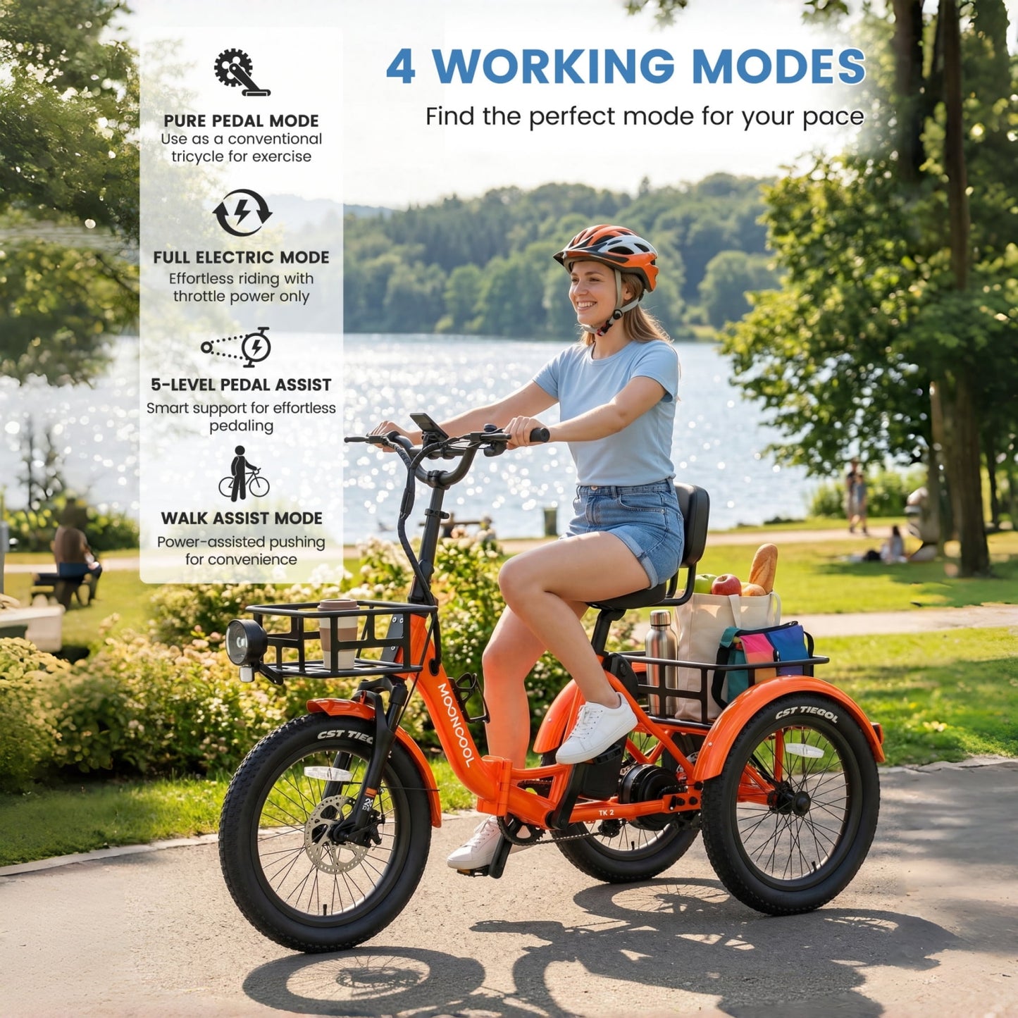 MOONCOOL TK2 Adult Electric Tricycle with Reverse, 48V 15Ah Removable Battery, Peak 1000W Motor, 20x3.0" Fat Tire, 60-Mile Range, 15.5 MPH