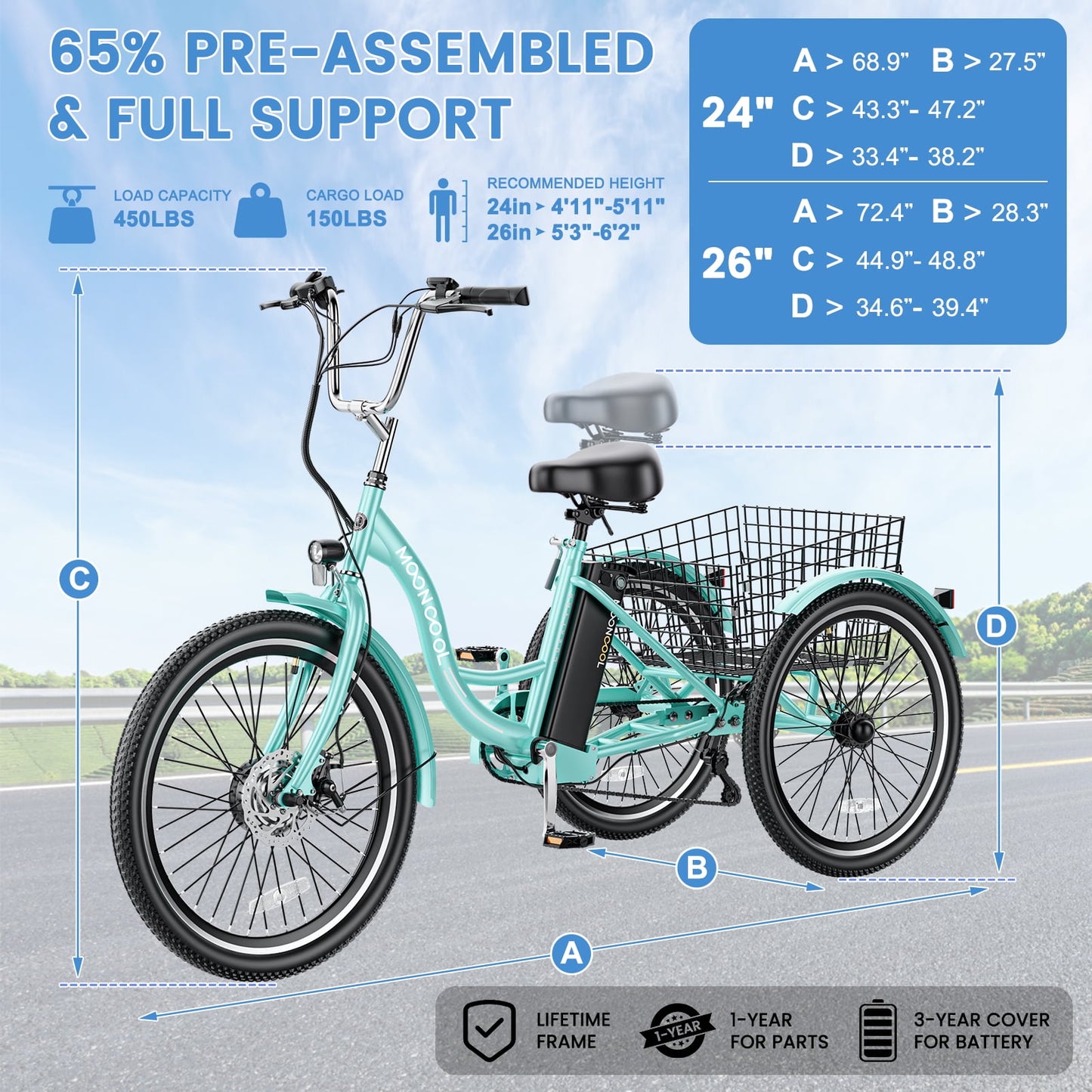 Lilypelle Electric Tricycle for Adults, 350W Electric Trike 7 Speed with 36V removable Battery, 3 Wheel Electric Bikes for Women Men Seniors, 450lb, 24/26 inch Tire