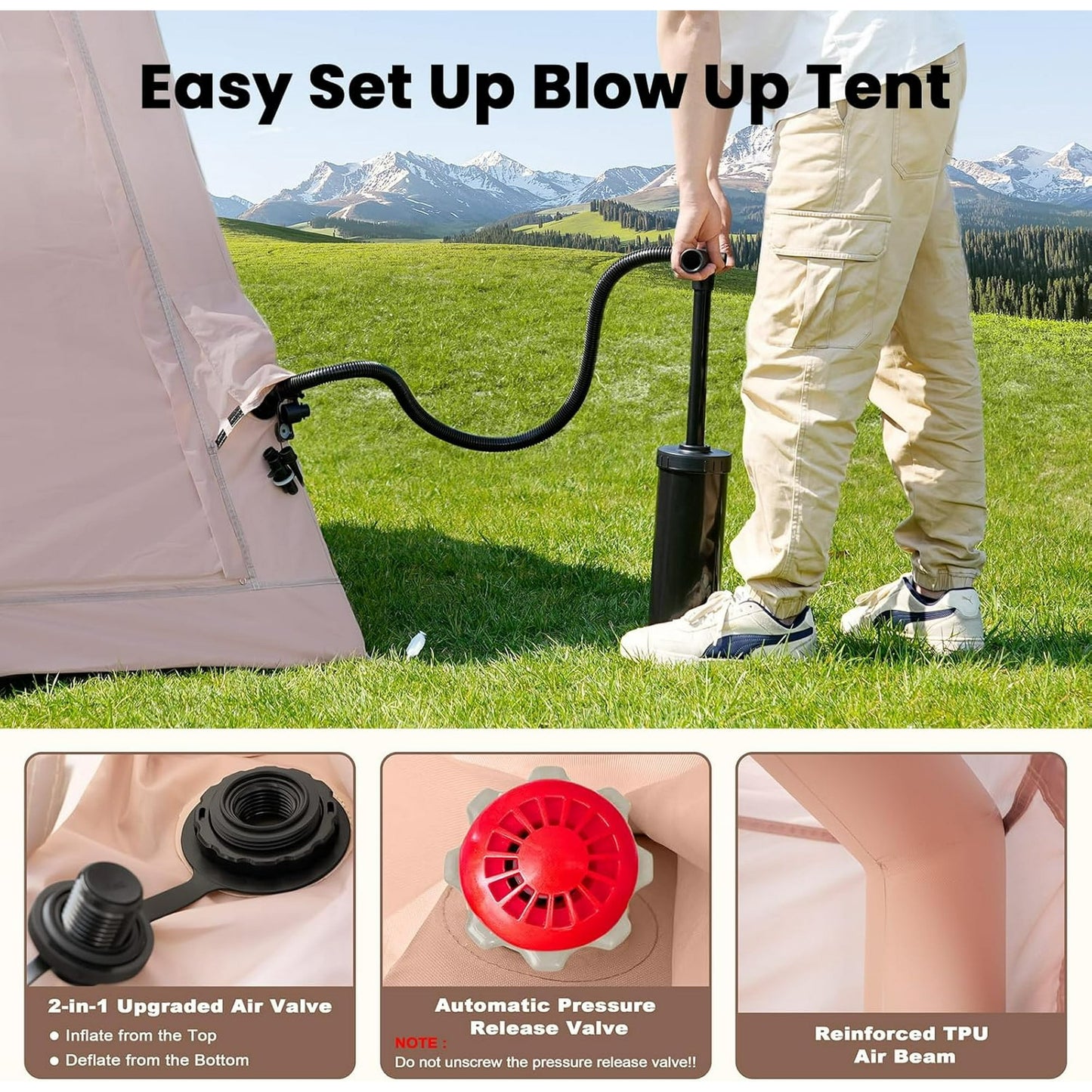 Lilypelle 2-4 Person Blow Up Inflatable Tent with Canopy, Instant Setup Hot Tent, Waterproof Inflatable Camp Tent with Hand Pump, All-Weather Glamping Inflatable House