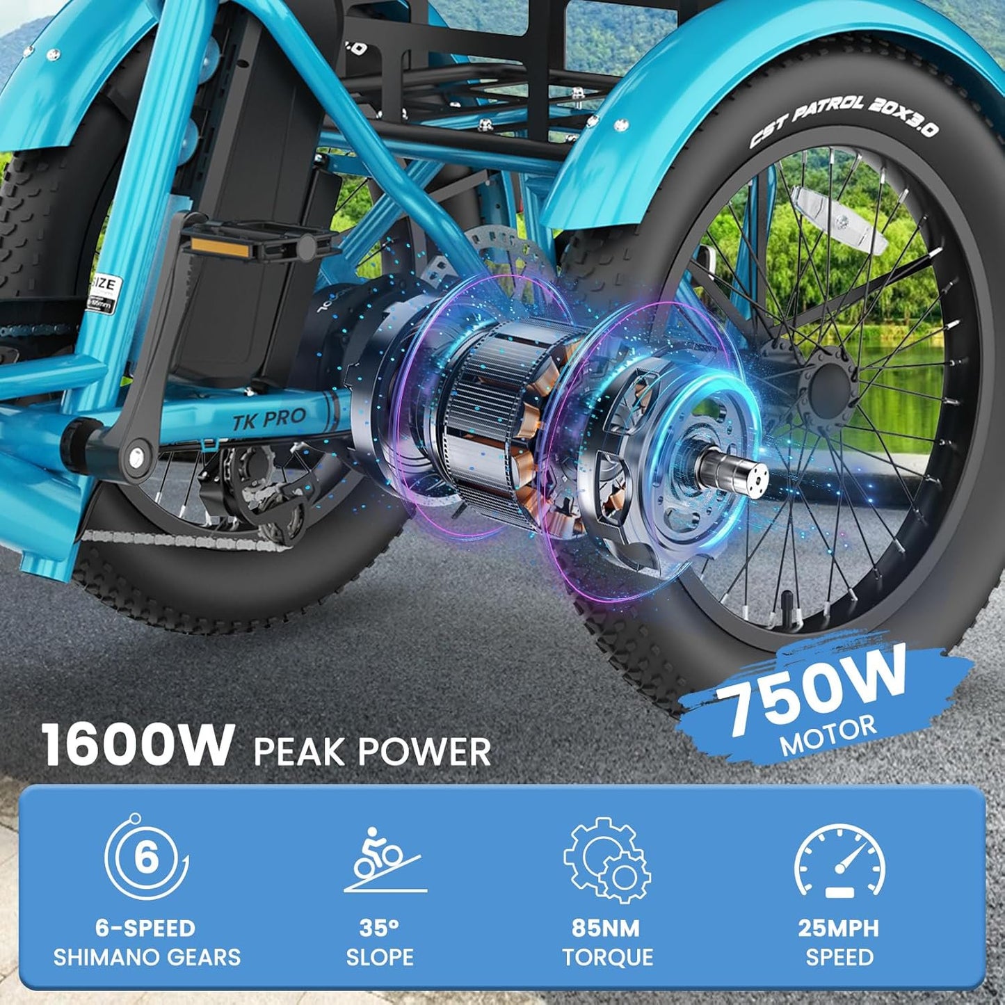 Lilypelle TK Pro Folding Electric Tricycle with Rack Bags , 6-Speed Peak 1500W Motor 48V Electric Trike for Adults, 20" Fat Tire 3 Wheel Electric Bicycle with Front & Rear Baskets