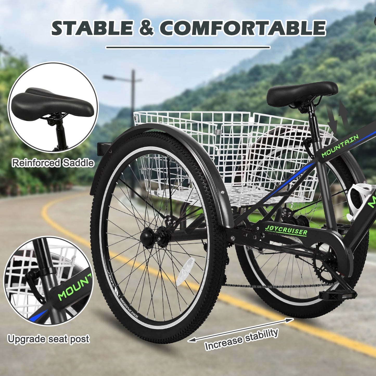 Lilypelle Mountain Tricycle for Adults, MTB 7 Speed Three Wheel Bike, Trike with Cargo Basket & Disc Brake for Women, Men, Seniors