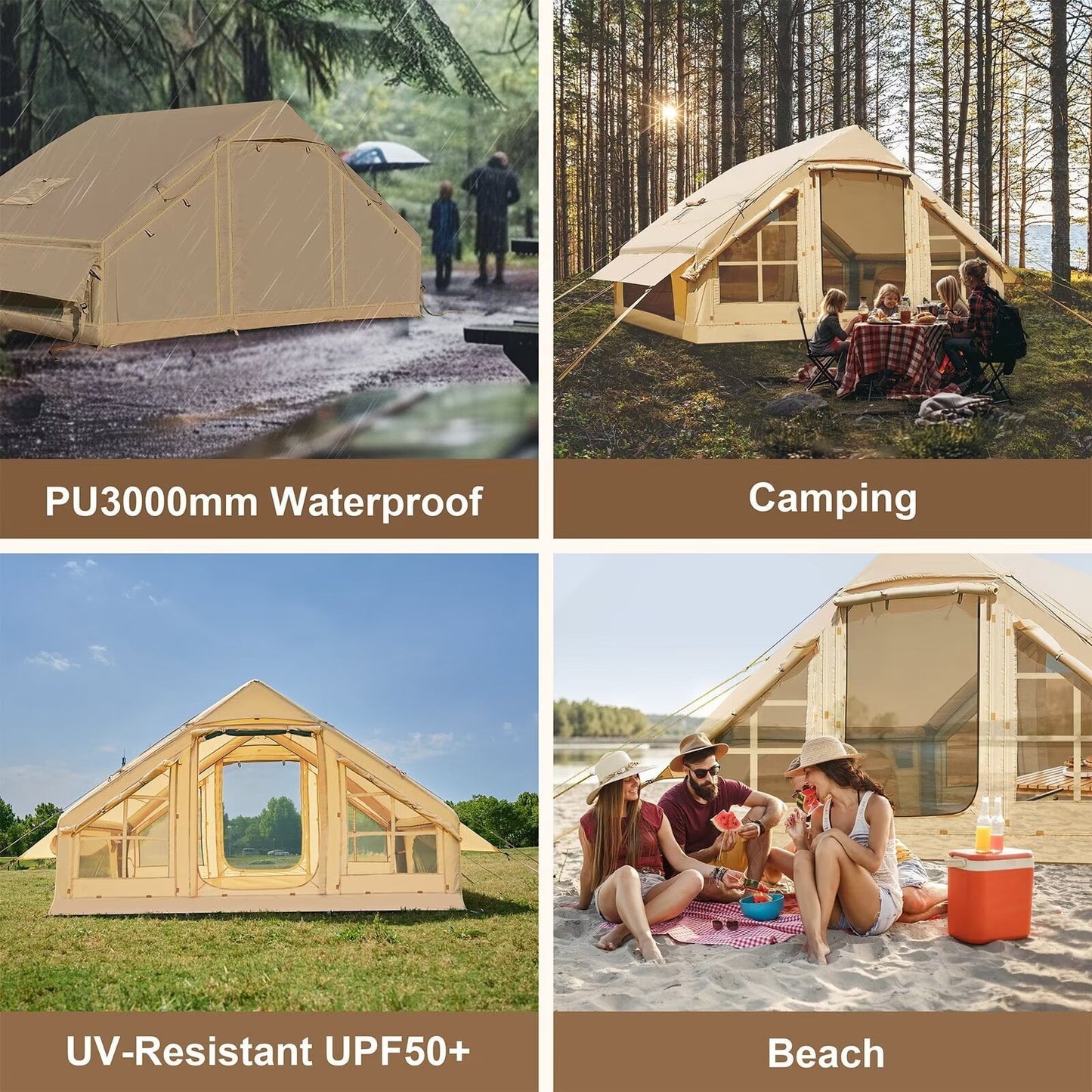 Lilypelle Inflatable Tents for Camping, 4-6 Person Blow Up Tent with Hand Pump, Waterproof Oxford Air Tent with Mesh & Chimney Window, Glamping Hot Tent with Stove Jack