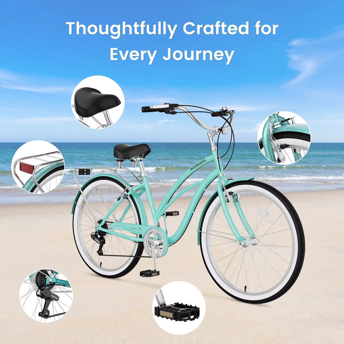 Lilypelle Adults Beach Cruiser Bicycle, 24" 26" Wheel 7 Speed Bike Fits Rider: 4'11"-6'2", Step Through Bikes for Commuting, Unisex