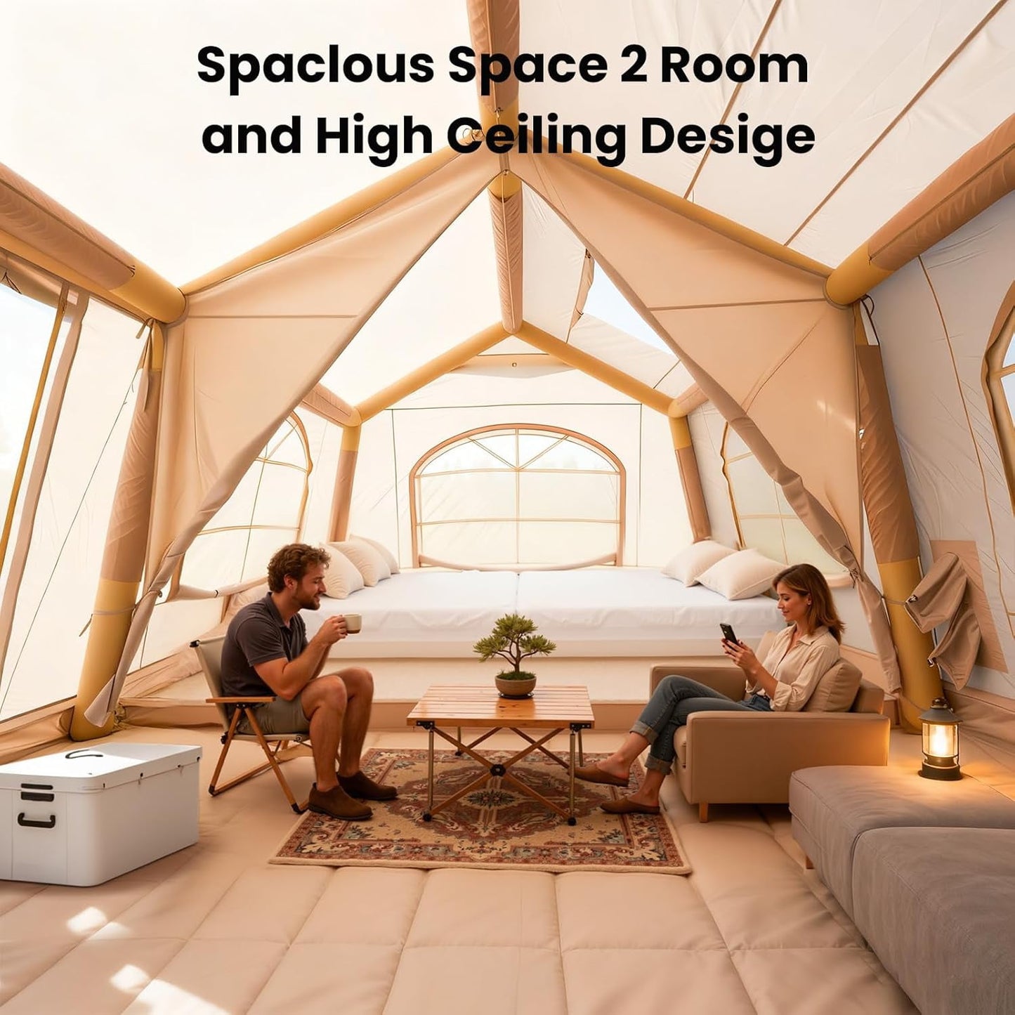 Lilypelle 12 Person Blow Up Camping Inflatable Tent w/ Canopy & Stove Jack & AC Port,18.4′x 9.8′x 6.9′Waterproof Oxford 2 Room Air Tent , Easy Setup Glamping Inflatable House w/ Stove Jack