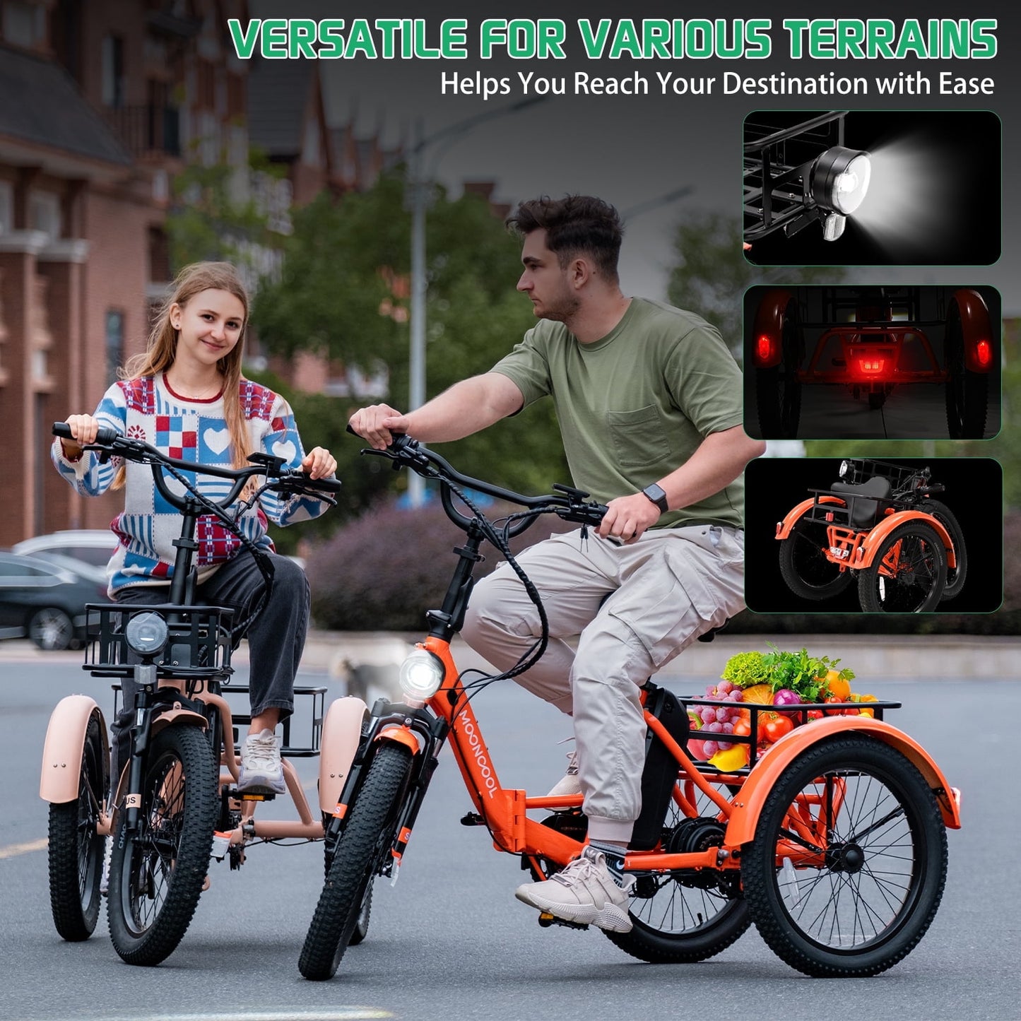 MOONCOOL TK1 Folding Electric Tricycle for Adults,48V 14.5Ah Removable battery, Peak 1000W Motor, 20" Fat Tire Step-Thru 3 Wheel Electric Bicycle W/ Mirrows Kit