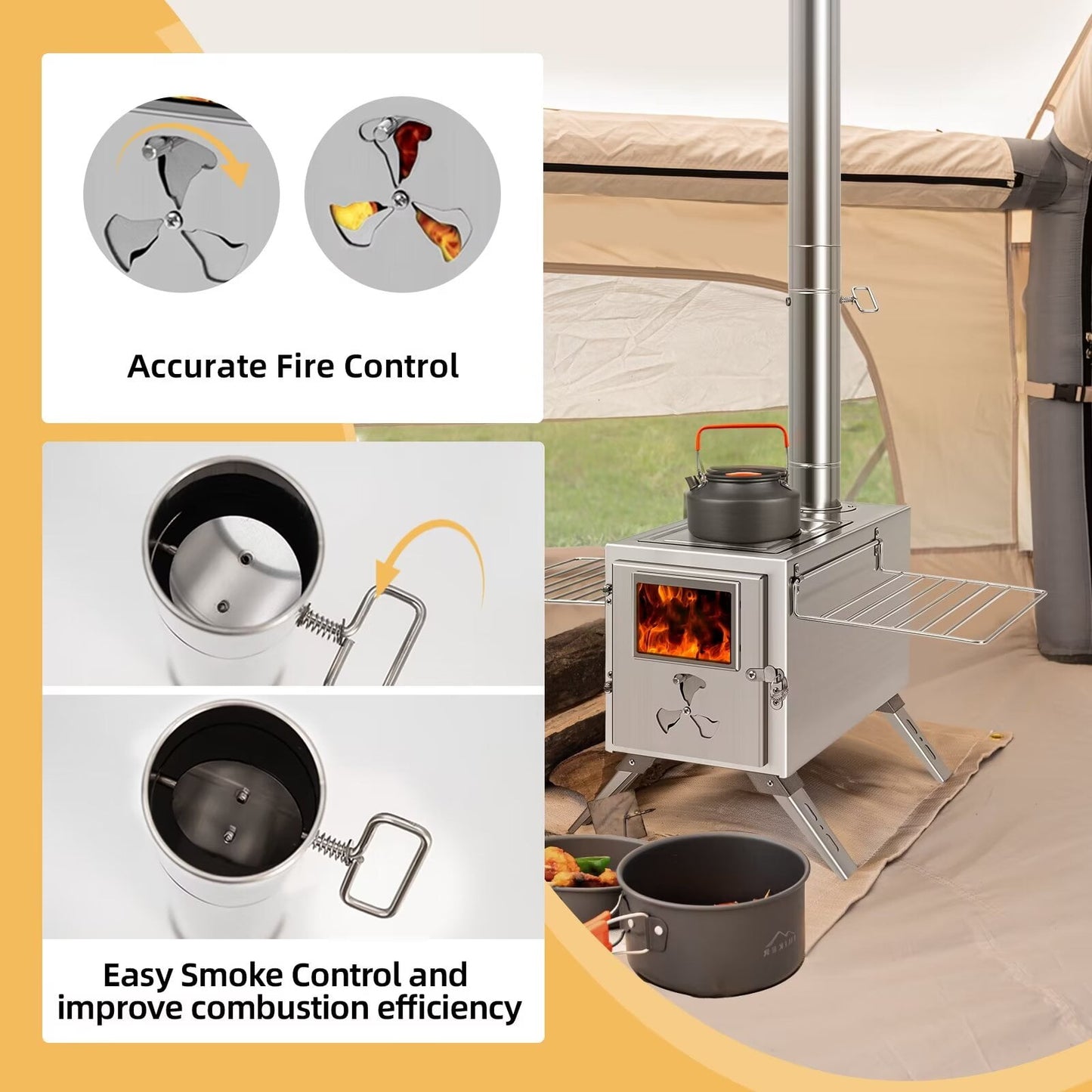 Lilypelle Portable Wood Stove Camping Hot Tent BBQ Stove with 7 Chimney Pipe for Tents, Travel, Camping