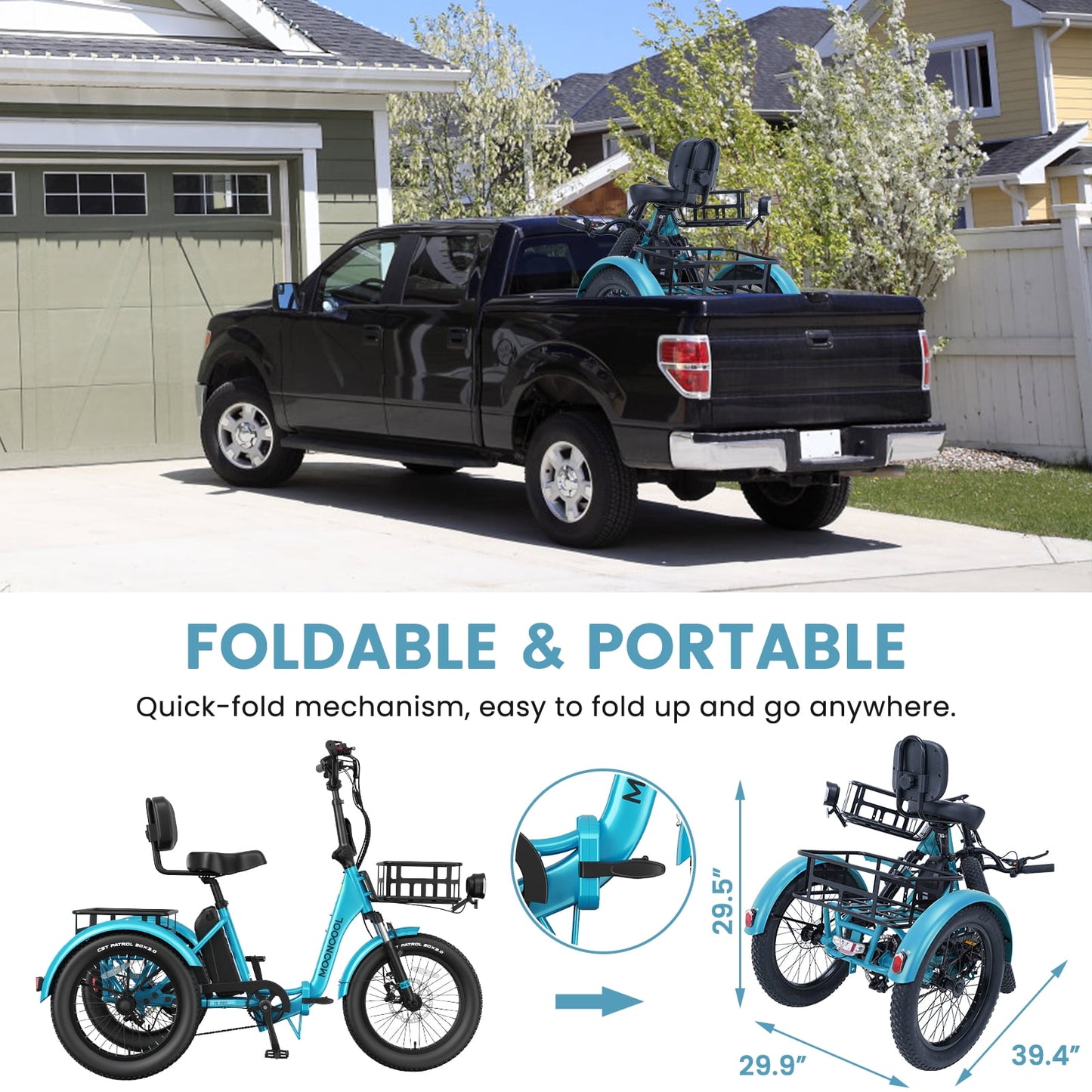 MOONCOOL TK1 Pro Electric Trike, Electric Tricycle for Adults, 20" Folding 3 Wheels Electric Bicycle, 48V 750W Motorized Ebike with Aluminum Frame, Removable Battery and Basket, UL2849