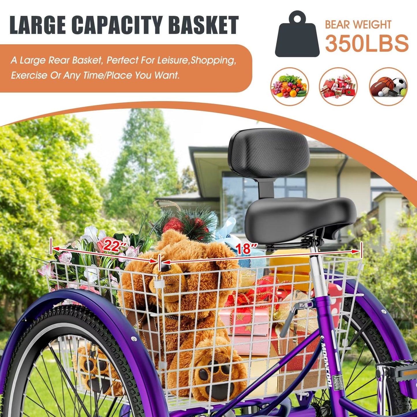 Lilypelle Adult Tricycles 7 Speed 26 inch Three Wheel Bike Cruiser Trike with Low-Step Through Frame/Large Basket for Men, Women, Seniors,Rose purple
