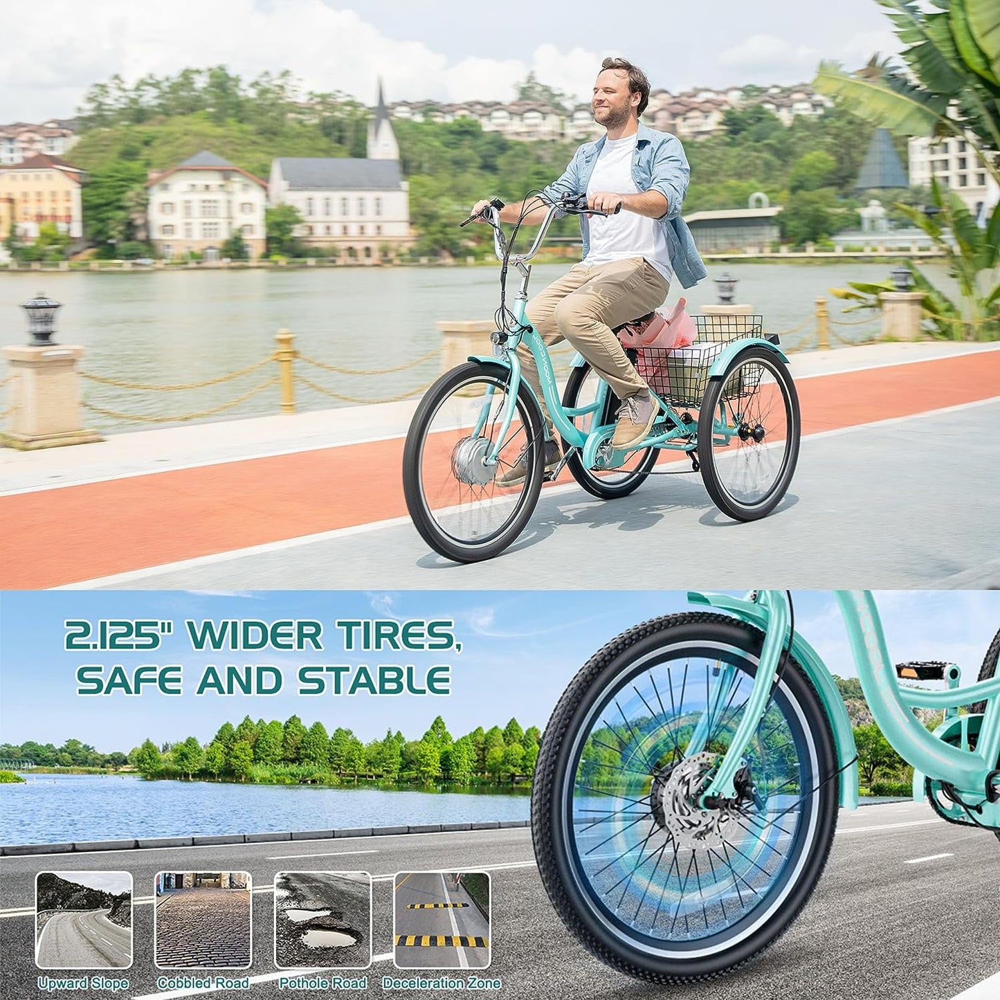 Lilypelle Electric Tricycle for Adults, 350W Electric Trike 7 Speed with 36V removable Battery, 3 Wheel Electric Bikes for Women Men Seniors, 450lb, 24/26 inch Tire