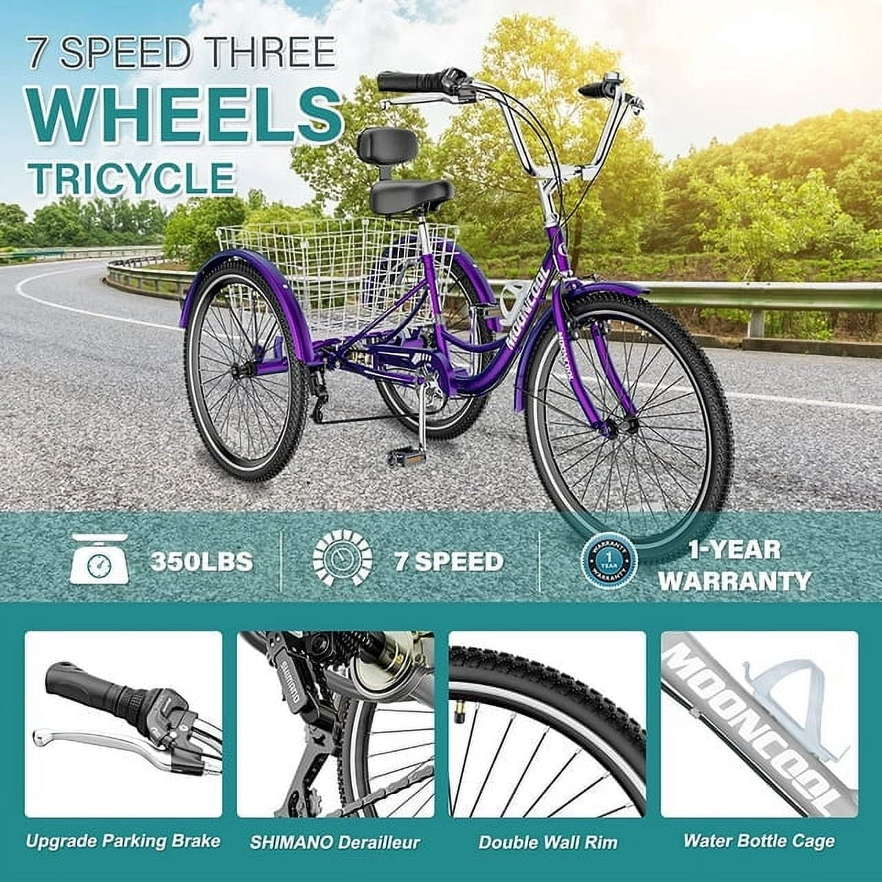 Lilypelle Adult Tricycles 7 Speed 26 inch Three Wheel Bike Cruiser Trike with Low-Step Through Frame/Large Basket for Men, Women, Seniors,Rose purple