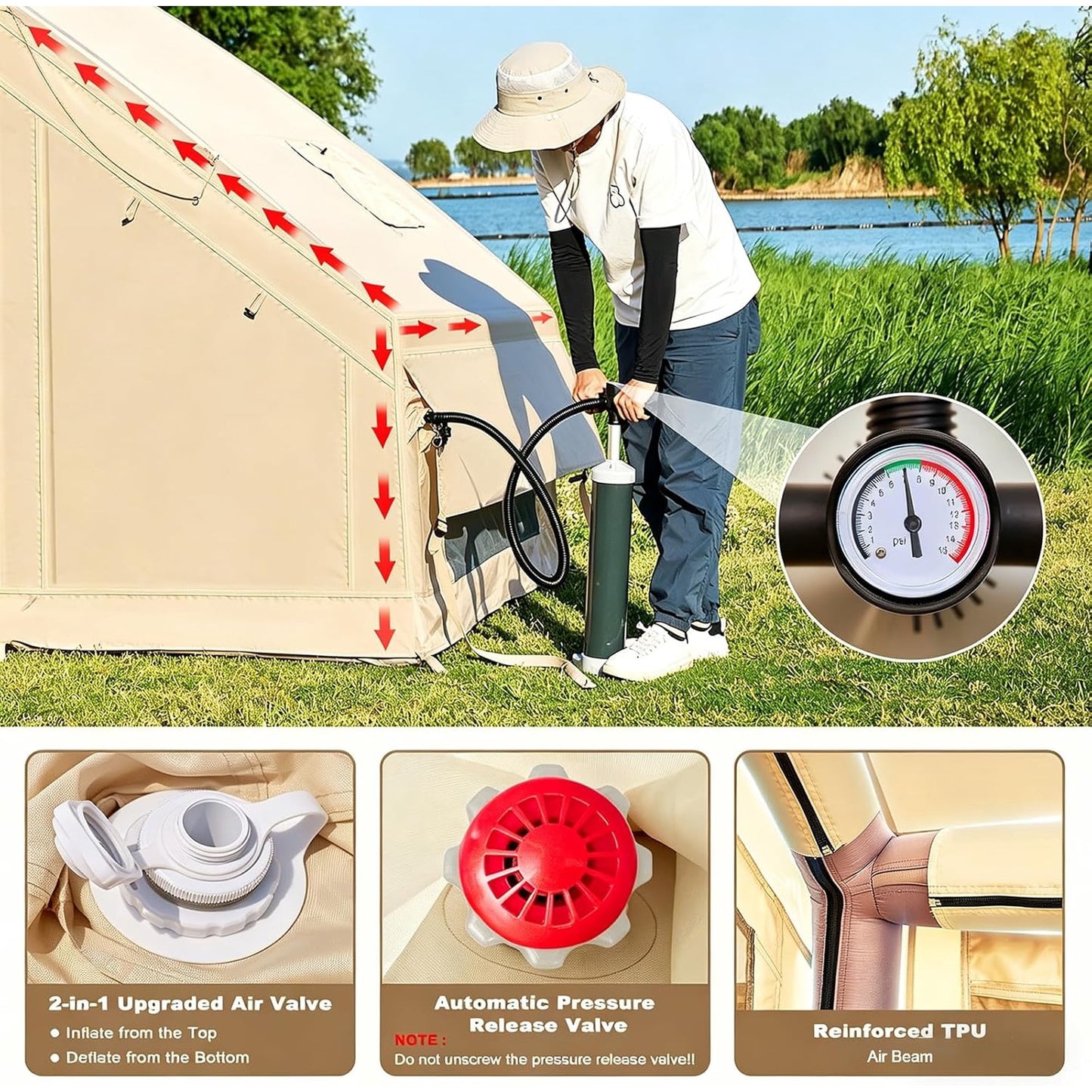 Lilypelle 4-6 Person Blow Up Inflatable Tent with Stove Jack, Hot Tent for Camping with Hand Pump, Waterproof Inflatable Camp Tent with Mesh Windows, Easy Setup Glamping Inflatable House