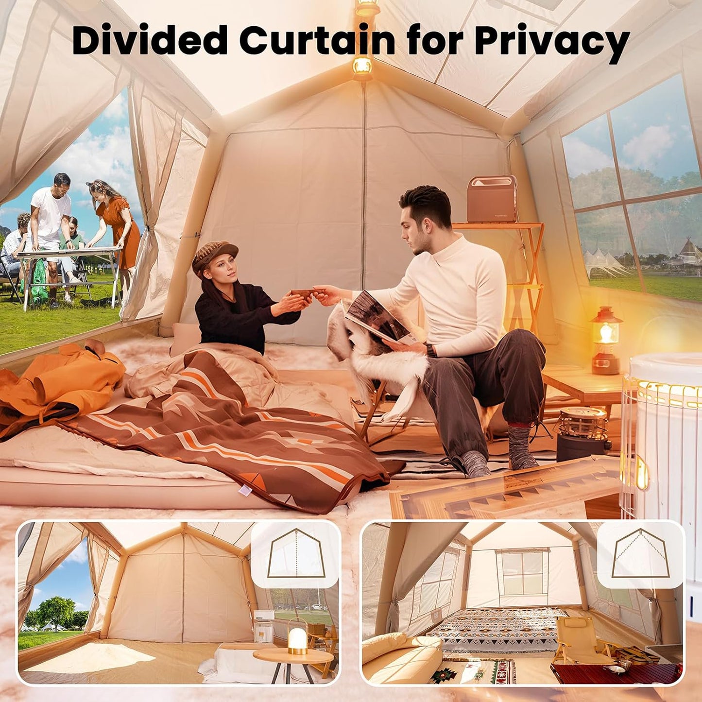 Lilypelle 8-10 Person Blow Up Inflatable Tent, with Removable Canopy and Stove Jack, 2 Room Instant Setup Air Cabin, Waterproof Oxford Hot Camping Tent for Family Glamping，2 Room Tent + Canopy - 13ft X 9ft X 6.5ft