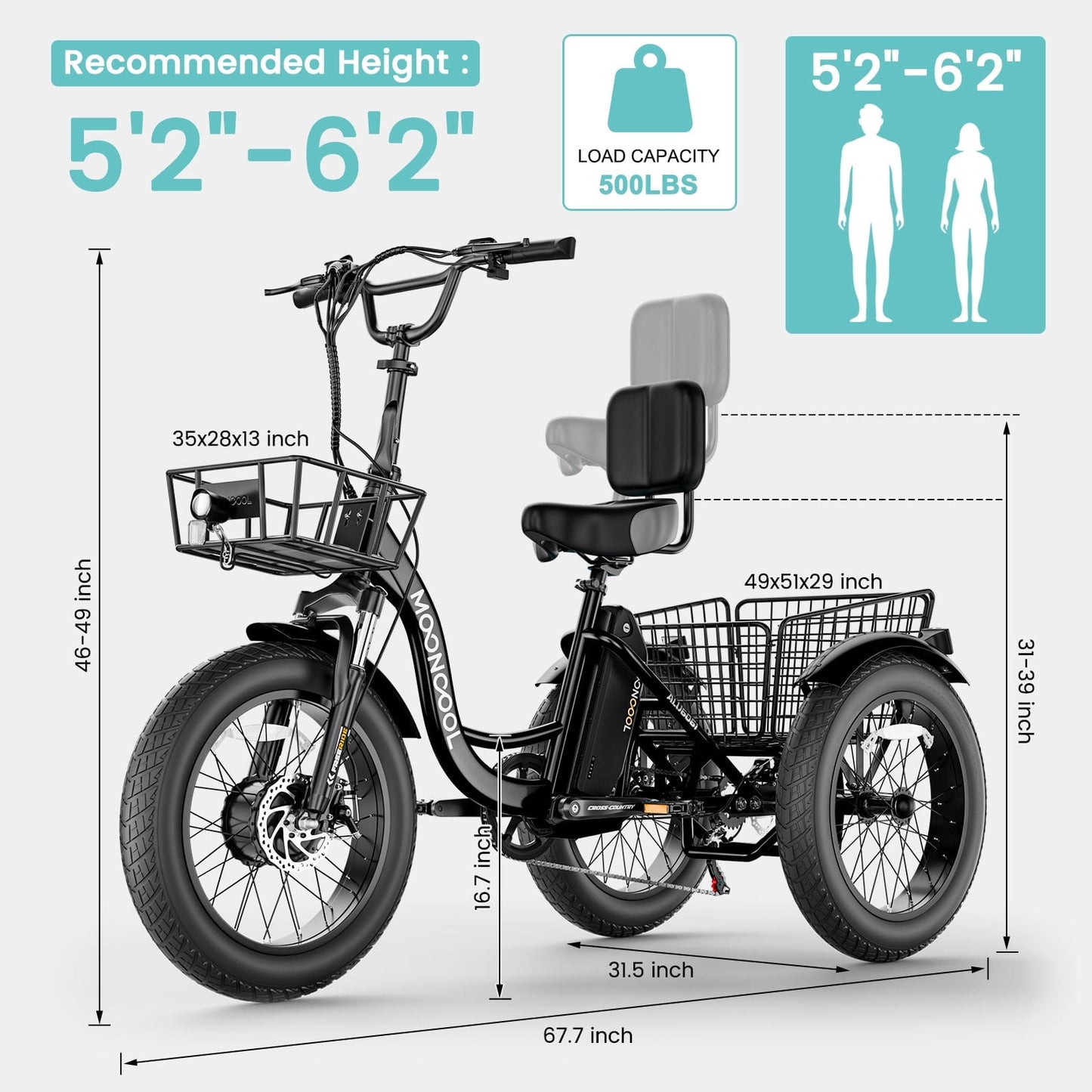 MOONCOOL All-Terrain Electric Tricycle for Adults, 1100w Motor 48V 14.5Ah Battery,7-Speed 20" x 4.0" Fat Tire 3 Wheel Electric Bike , 25-60 miles
