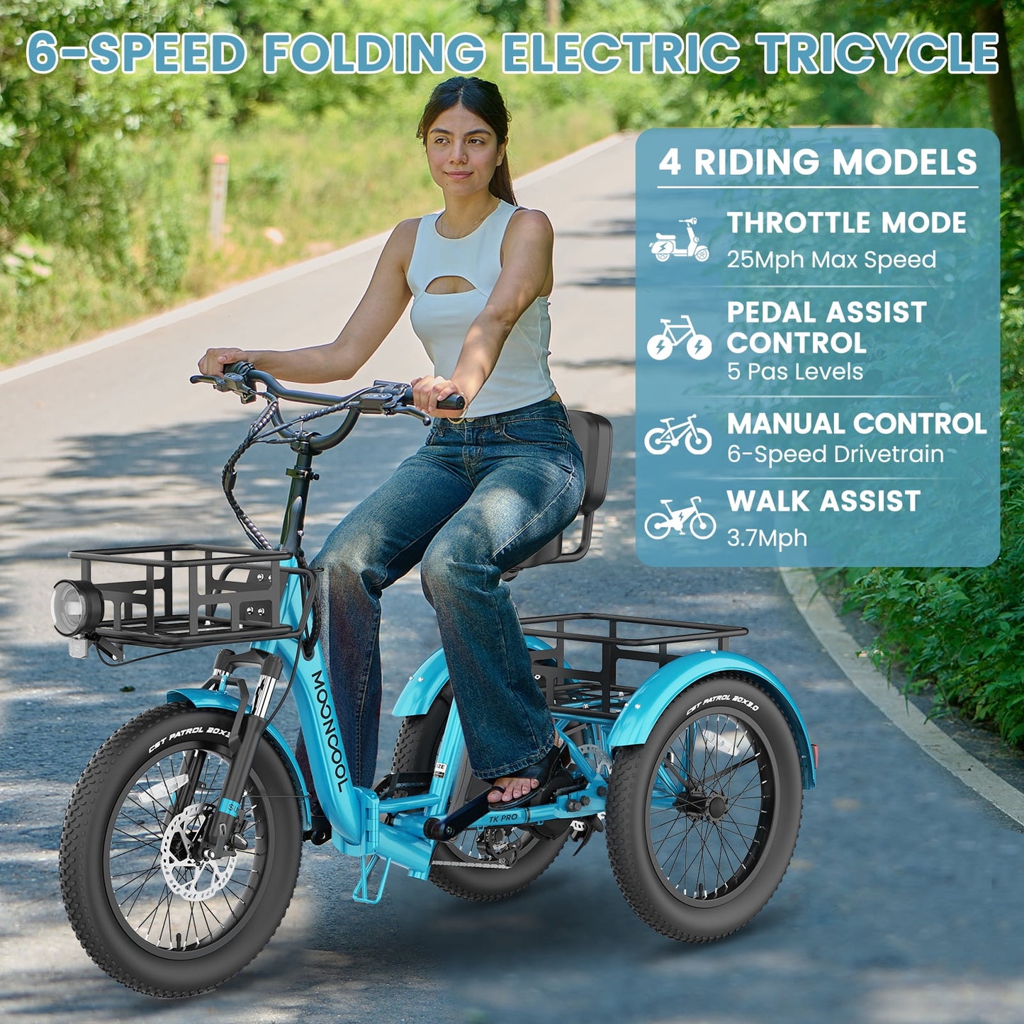 MOONCOOL TK1 Pro Electric Trike, Electric Tricycle for Adults, 20" Folding 3 Wheels Electric Bicycle, 48V 750W Motorized Ebike with Aluminum Frame, Removable Battery and Basket, UL2849