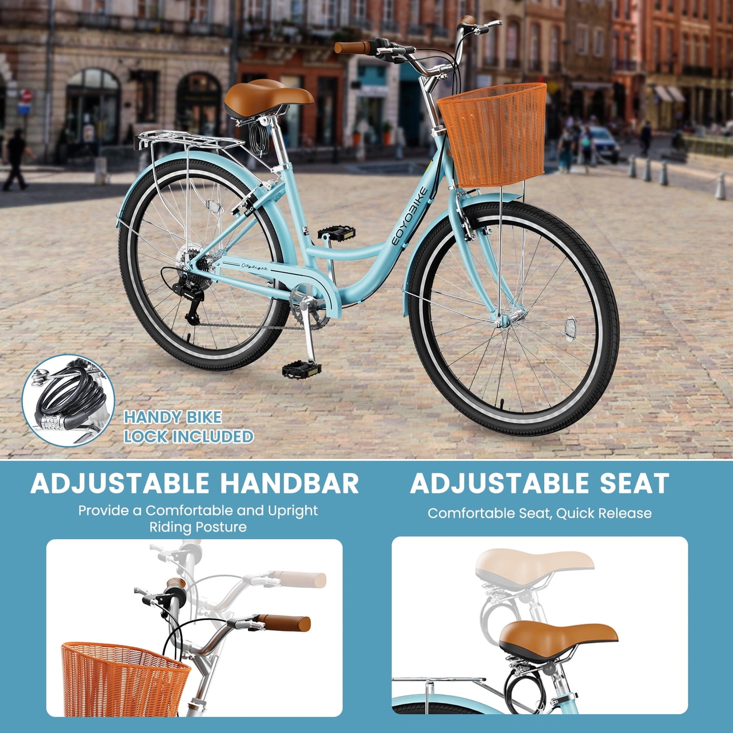 Lilypelle Womens Bike, 7 Speed Bike for Adults Women 24 26 inch with Ratten Basket & Rack, Beach Cruiser Bike for Women, Womens Bicycle for Commuting, Step Through City Bikes for Women Adults Ladies