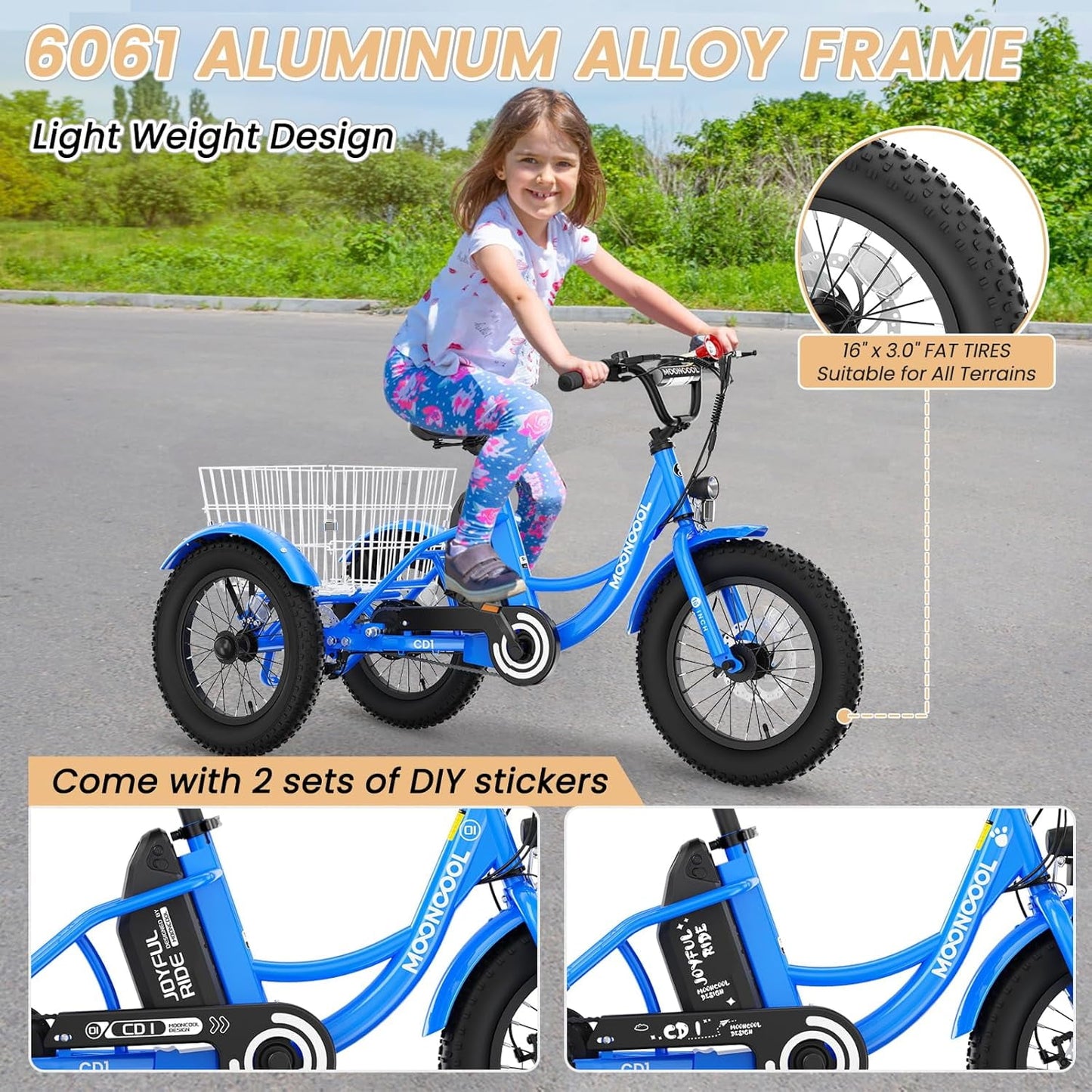 Lilypelle Electric Ride on tricycle for Kids , 6/9/12Mph Three Max Speed 250W Power trike w/ 24V 10.4Ah Battery, Headlights & Horn, Large Rear Basket ,2 sets of DIY stickers,16"x3" Wheel,30Miles