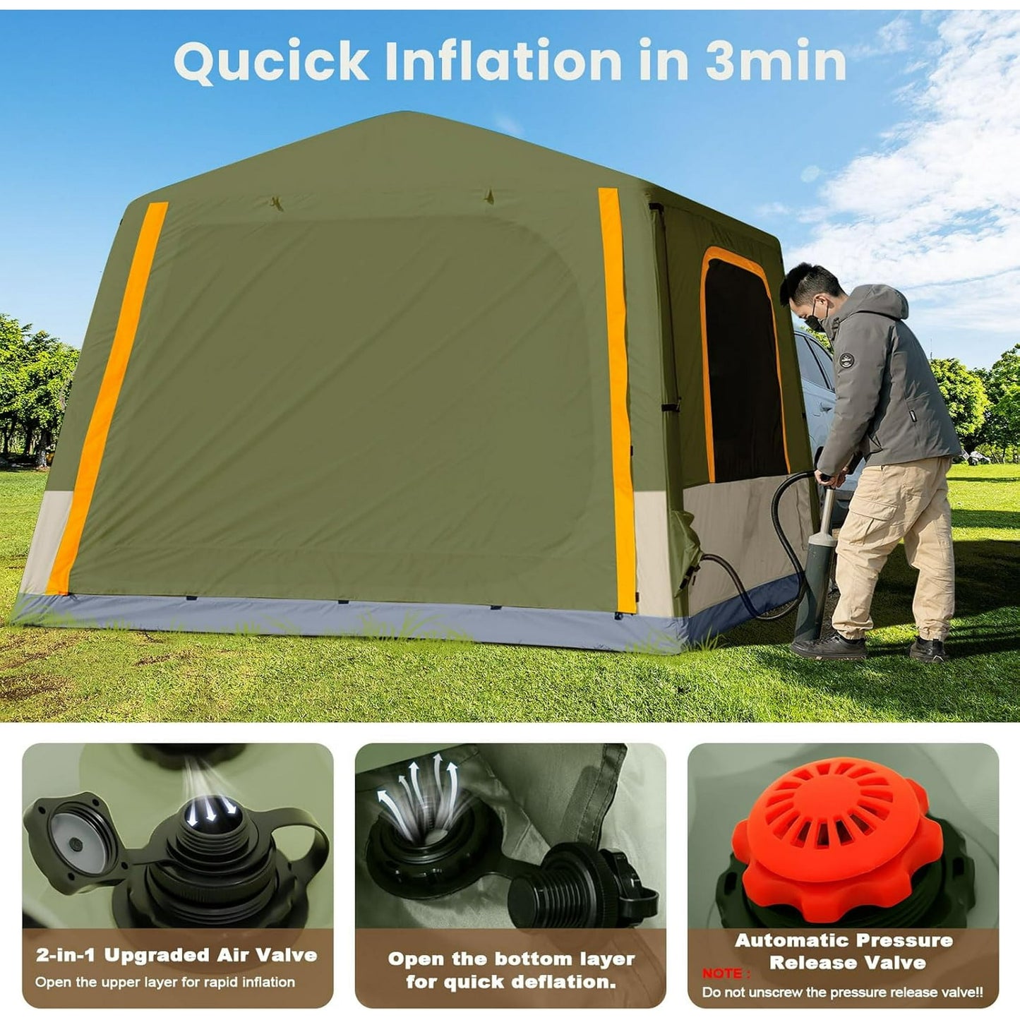 Lilypelle 4-6 Person Blow Up Inflatable Tent, 2-in-1 SUV Tailgate Hot Tent with Stove Jack, Easy Setup Camping Tent with Hand Pump, Waterproof Inflatable House for Outdoor
