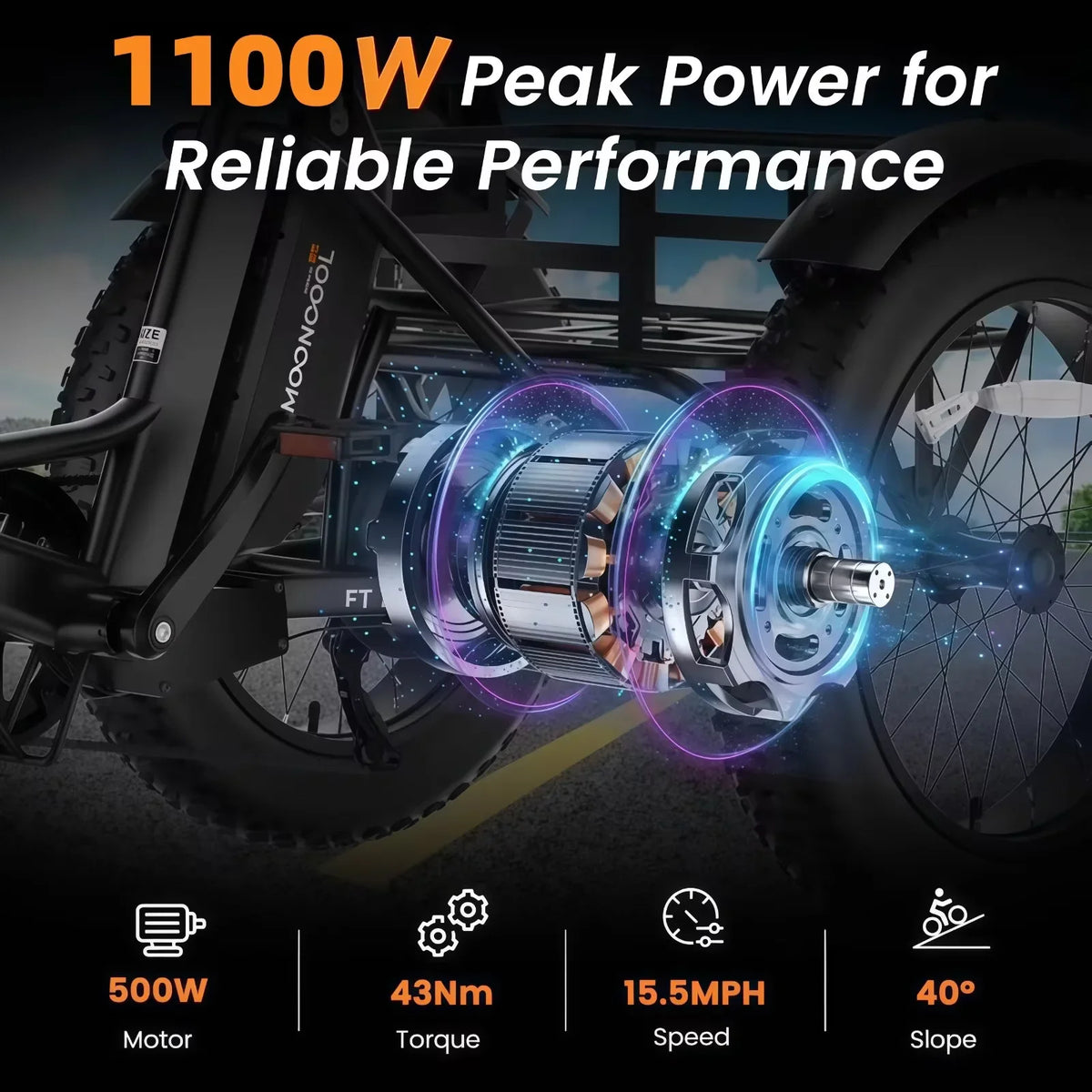 MOONCOOL All-Terrain Folding Electric Tricycle for Adults, 1100w Motor 48V 14.5Ah Battery,7-Speed 20" x 4.0" Fat Tire 3 Wheel Electric Bike , 25-60 miles