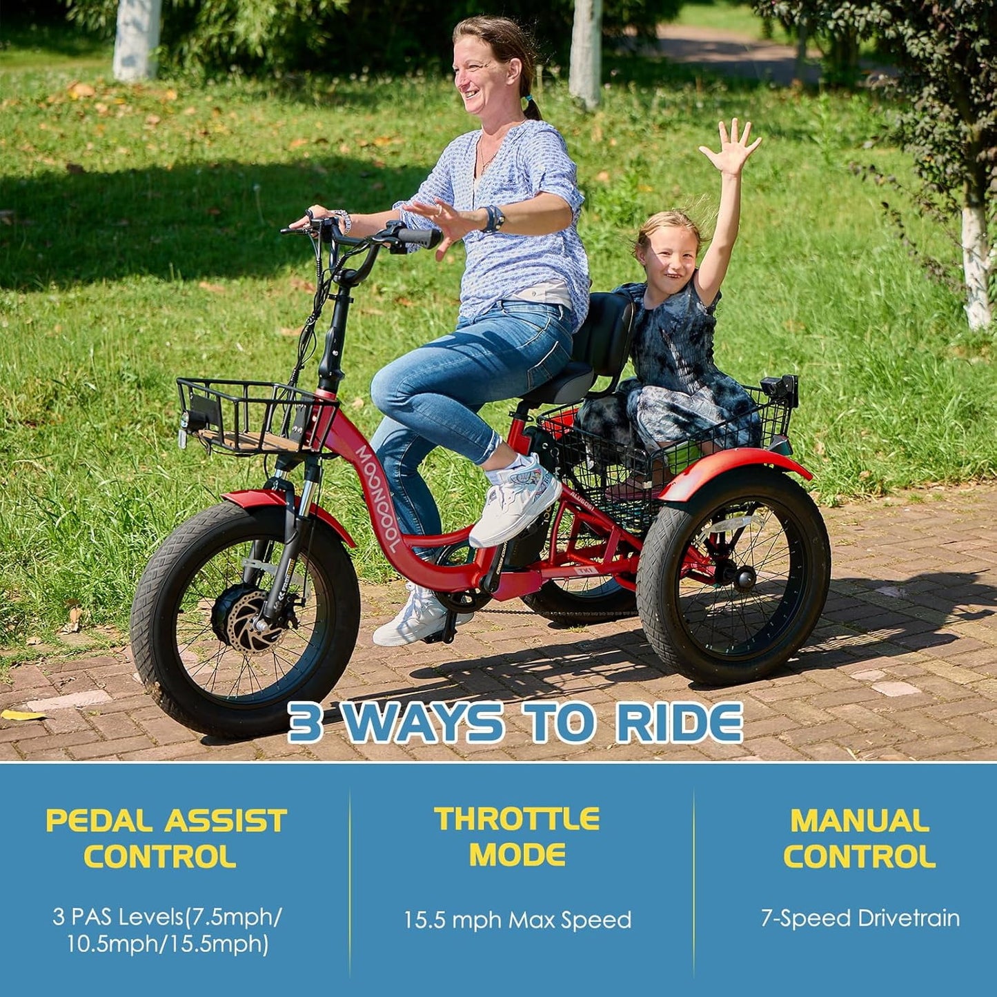 Lilypelle Electric Tricycle for Adults,15.5MPH 500W 48V 14.5Ah Lithium Battery UL Certified, 7-Speed Aluminum Ebike 3 Wheels Bike with Front & Rear Baskets，20x4in Fat Tire E-Trike