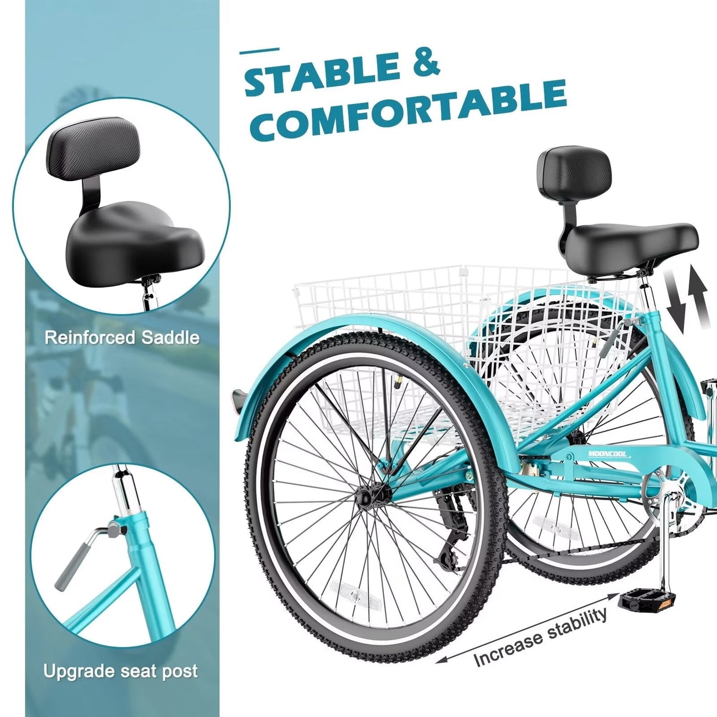 Lilypelle Retro Adult Tricycles 7-Speed 26 Inch Three Wheel Bike Cruiser Trike with Low-Step Through Frame/Large Basket for Men, Women, Seniors