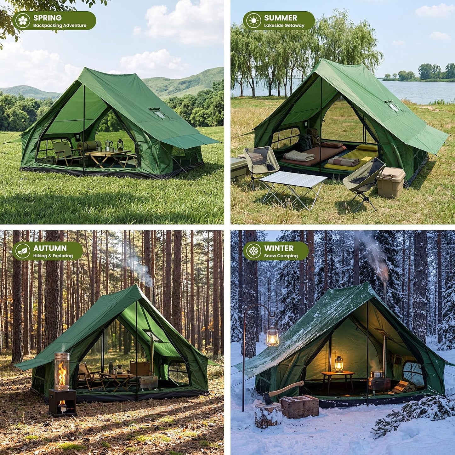 Lilypelle Lightweight Backpacking Camping Tent for 2-4 Person, 4 Season Windproof Tent with Stove Jack, 210T Ripstop Waterproof PU3000mm, All Weather Hiking Tent，Green