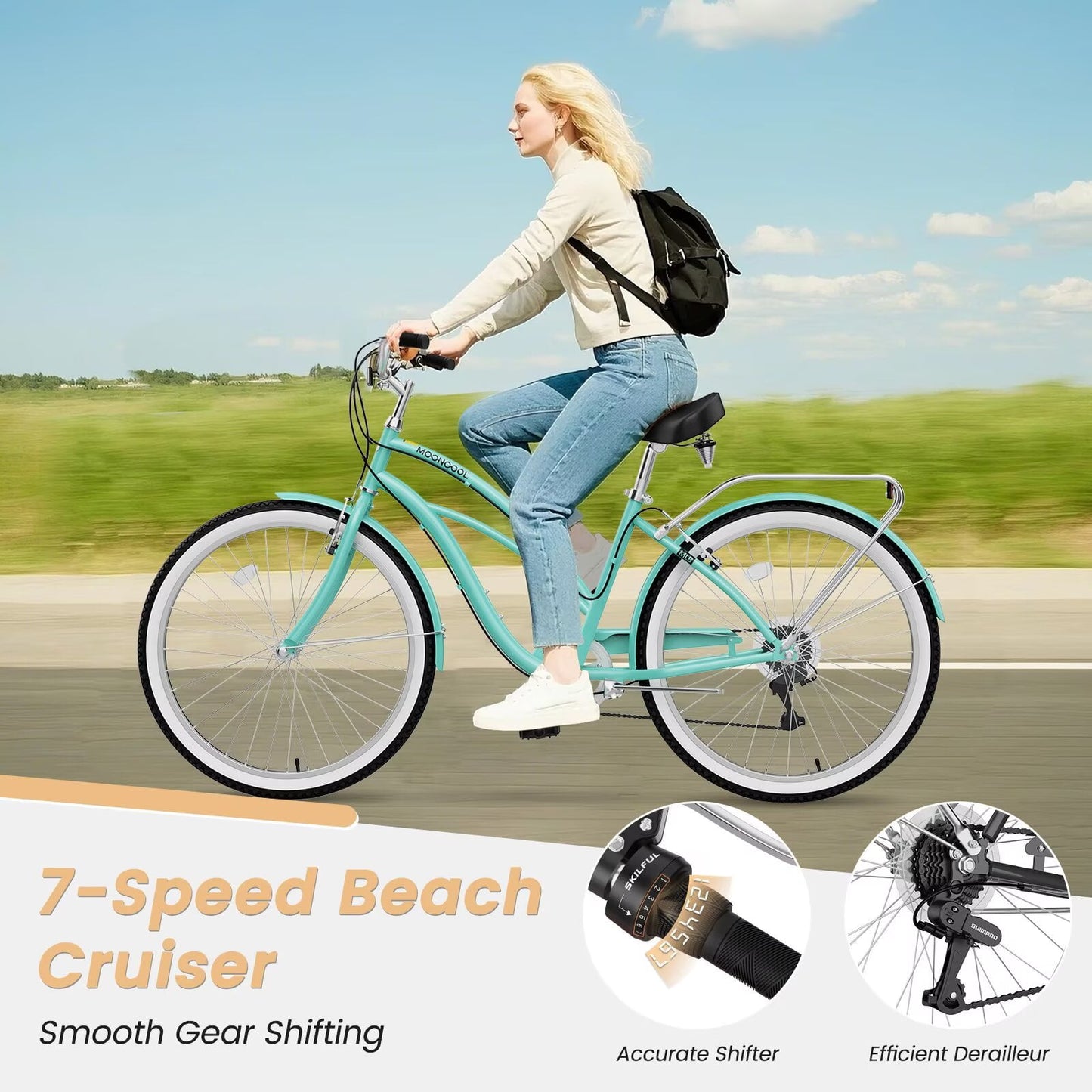 Lilypelle Beach Cruiser Bicycle, 7 Speed Bike with 24" 26" Wheel Fits Rider: 4'11"-6'2", Step Through Bikes for Commuting, Unisex