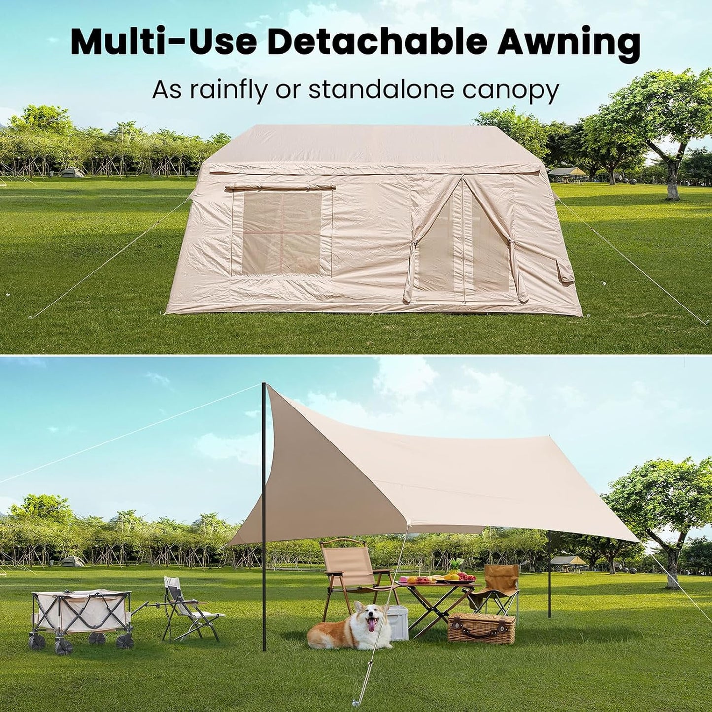 Lilypelle 8-10 Person Blow Up Inflatable Tent, with Removable Canopy and Stove Jack, 2 Room Instant Setup Air Cabin, Waterproof Oxford Hot Camping Tent for Family Glamping，2 Room Tent + Canopy - 13ft X 9ft X 6.5ft