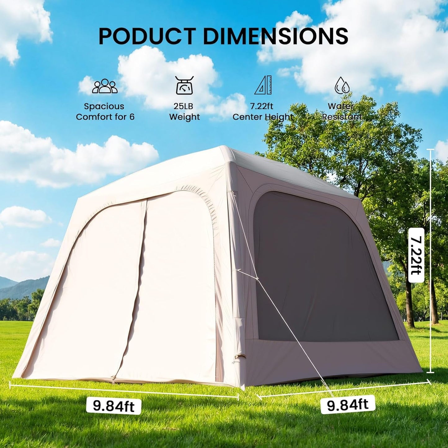 Lilypelle 4-6 Person Inflatable Camping Tent, 9.8ft x 9.8ft x 7.2ft Easy Setup Blow Up Tent with Hand Pump, PU3000mm Waterproof & Breathable 4 Season Glamping Tent for Outdoor Camping