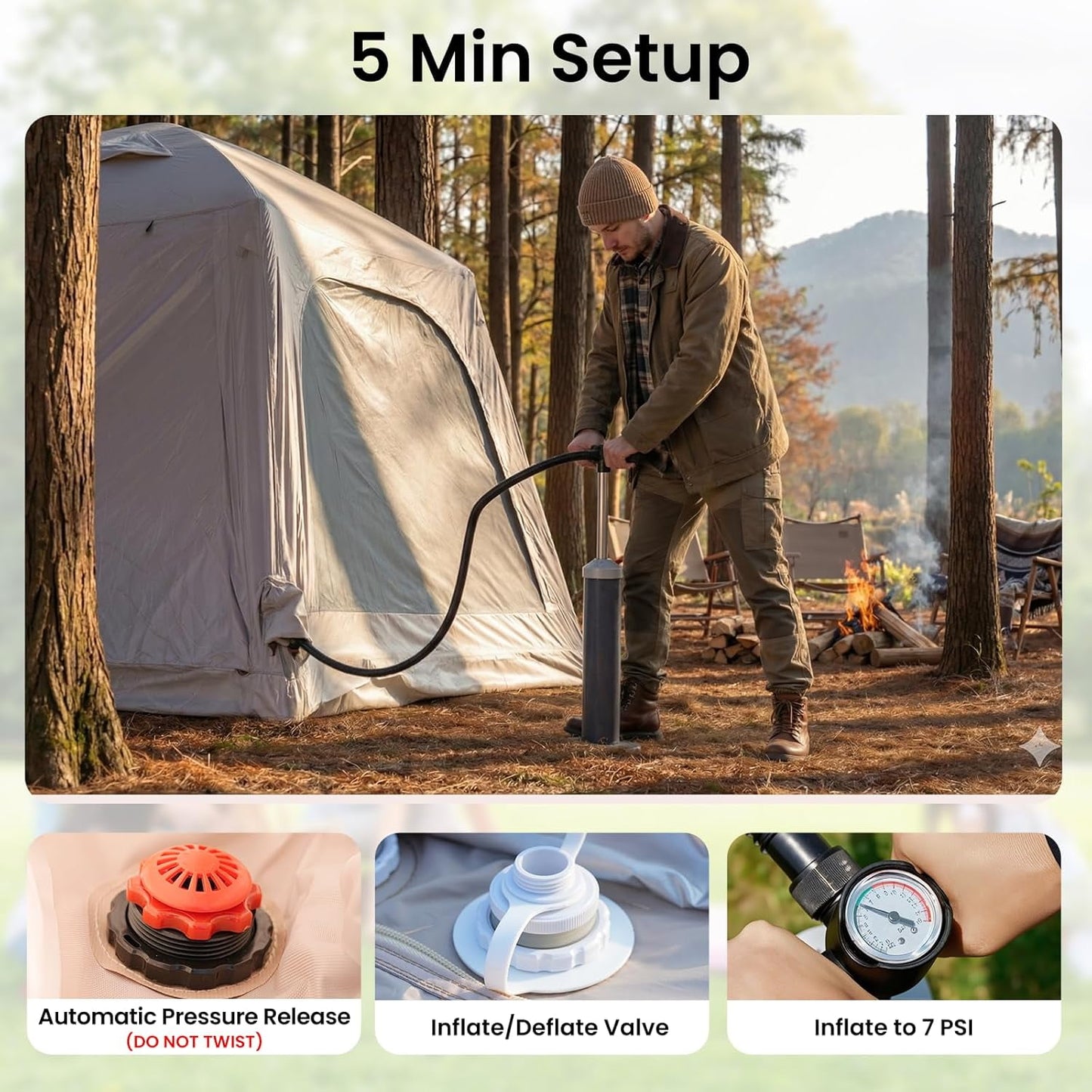 Lilypelle 4-6 Person Inflatable Camping Tent, 9.8ft x 9.8ft x 7.2ft Easy Setup Blow Up Tent with Hand Pump, PU3000mm Waterproof & Breathable 4 Season Glamping Tent for Outdoor Camping