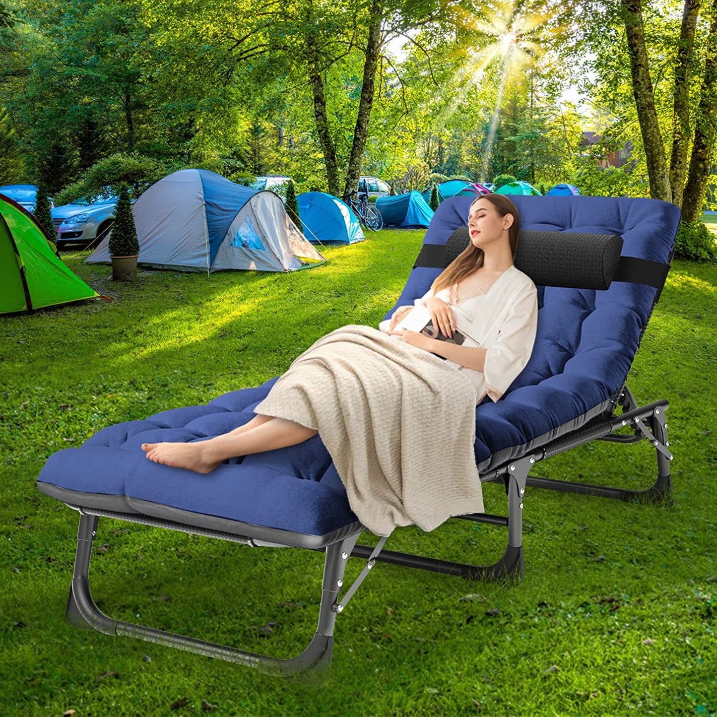 Lilypelle Camping Cot, Adjustable 4-Position Adults Reclining folding Chaise with Pillow, Outdoor portable Lounge Chair Sleeping Cots Bed, Perfect for Camping, Pool, Beach, Patio