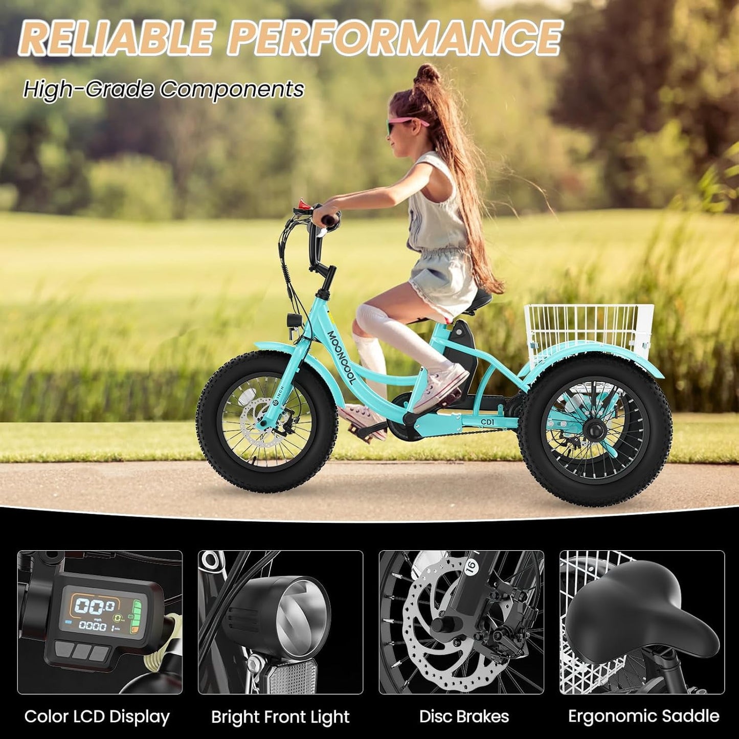 Lilypelle Electric Ride on tricycle for Kids , 6/9/12Mph Three Max Speed 250W Power trike w/ 24V 10.4Ah Battery, Headlights & Horn, Large Rear Basket ,2 sets of DIY stickers,16"x3" Wheel,30Miles