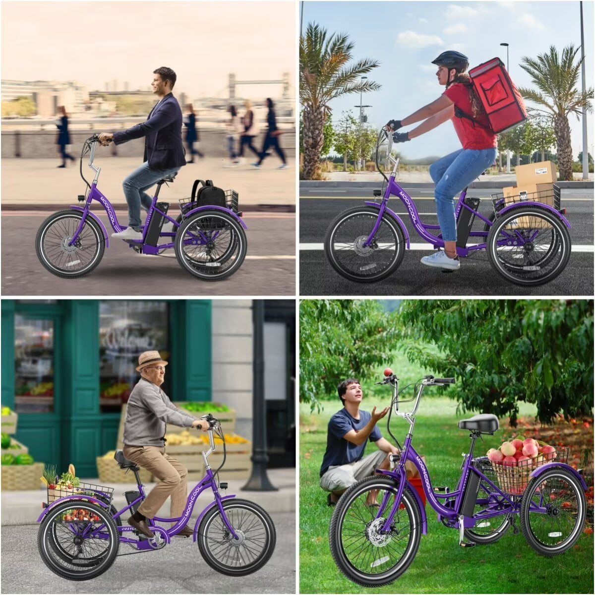 Lilypelle 24" 26" 3 Wheel Electric Tricycle for Adults, 350W 36V 7 Speeds Motorized Electric Trike Three Wheel Electric Bikes Bicycle with Large Basket for Women Men,Purple
