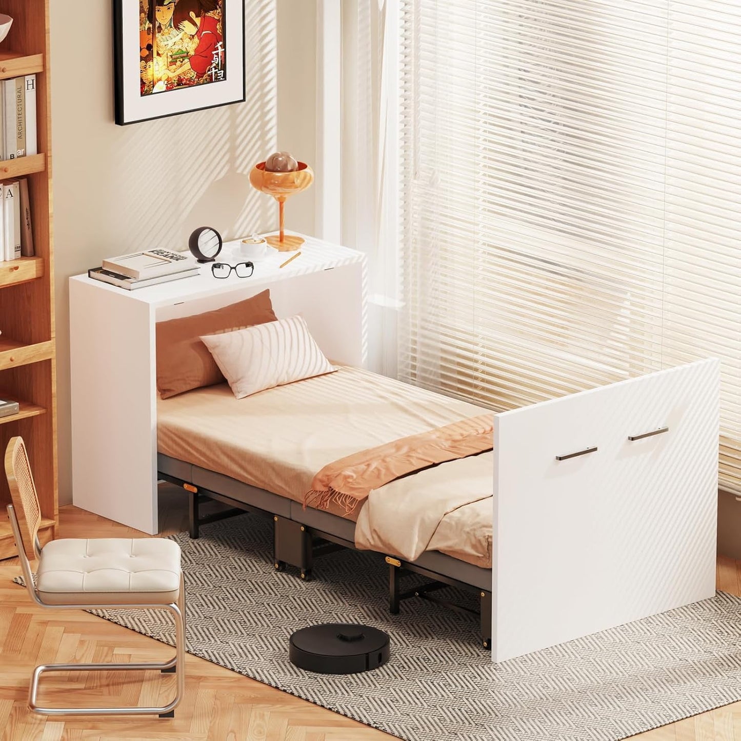 Lilypelle Murphy Bed Cabinet, Folding Bed Roll Away Beds with Mattresses for Adult, Pull Out Murphy Chest Bed Daybed w/ Trundle Guest Bed for Apartment Study Room Office Nap Bed (Cot Size: 75" x 29")