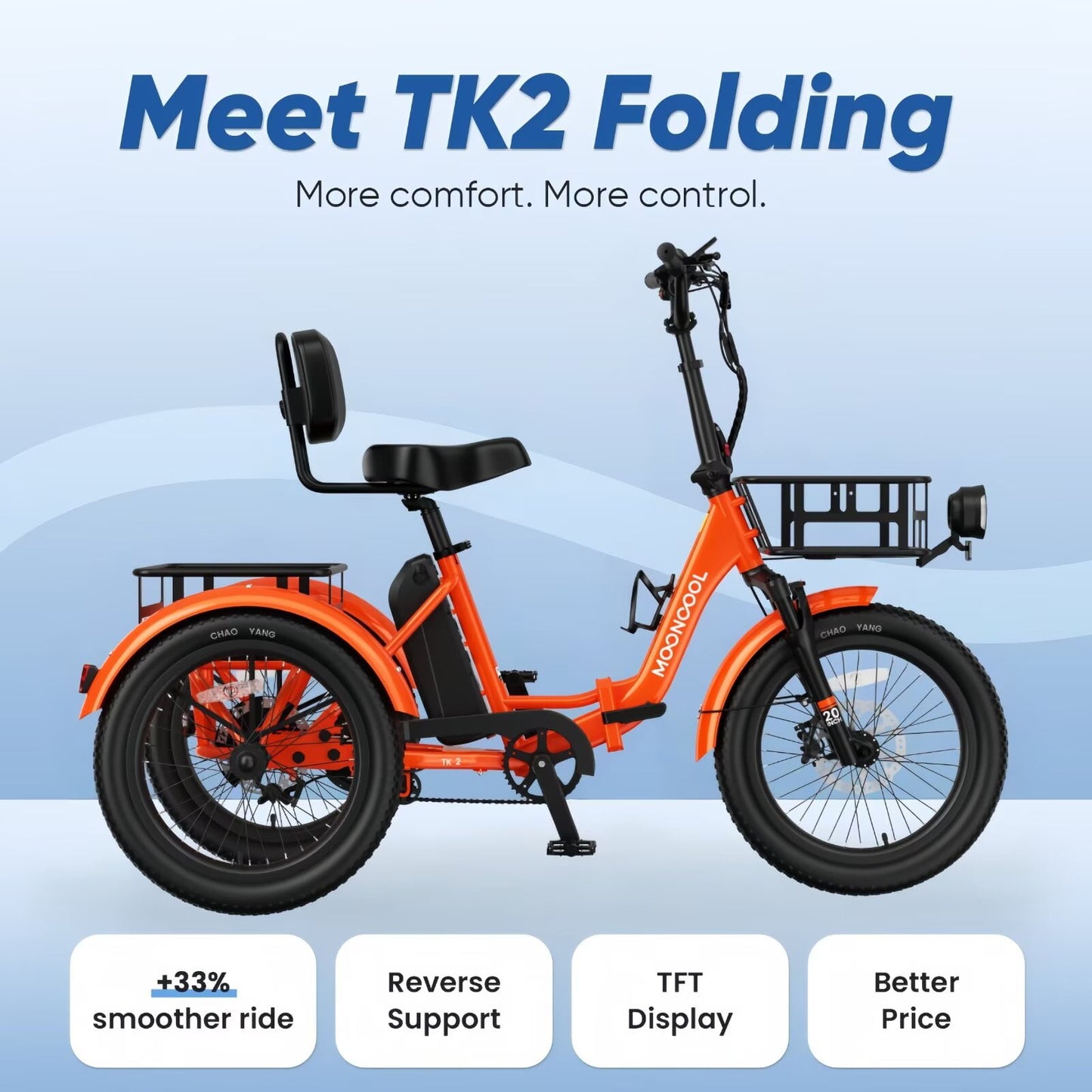 MOONCOOL TK2 Adult Electric Tricycle with Reverse, 48V 15Ah Removable Battery, Peak 1000W Motor, 20x3.0" Fat Tire, 60-Mile Range, 15.5 MPH