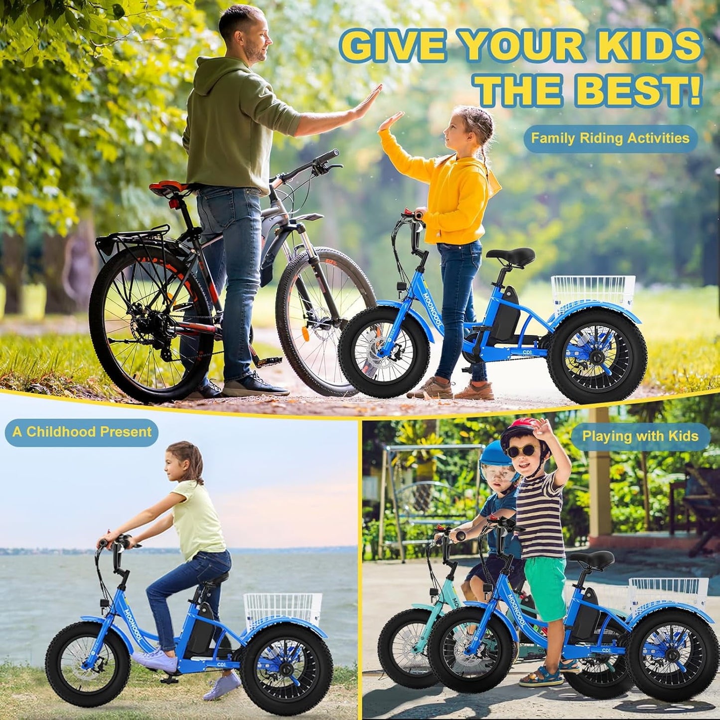 Lilypelle Electric tricycle for Kids , 6/9/12Mph three wheel electric bike w/ 250W motor，24V 10.4Ah Battery, Headlights & Horn, Large Rear Basket ,2 sets of DIY stickers,16"x3" Wheel,30Miles