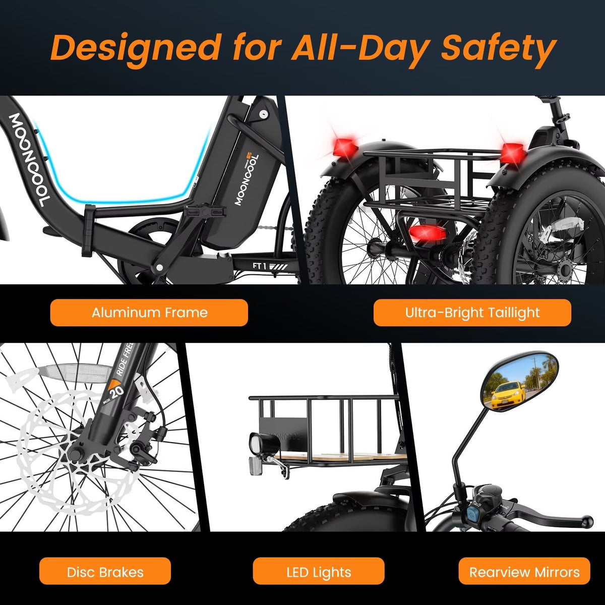 MOONCOOL All-Terrain Folding Electric Tricycle for Adults, 1100w Motor 48V 14.5Ah Battery,7-Speed 20" x 4.0" Fat Tire 3 Wheel Electric Bike , 25-60 miles