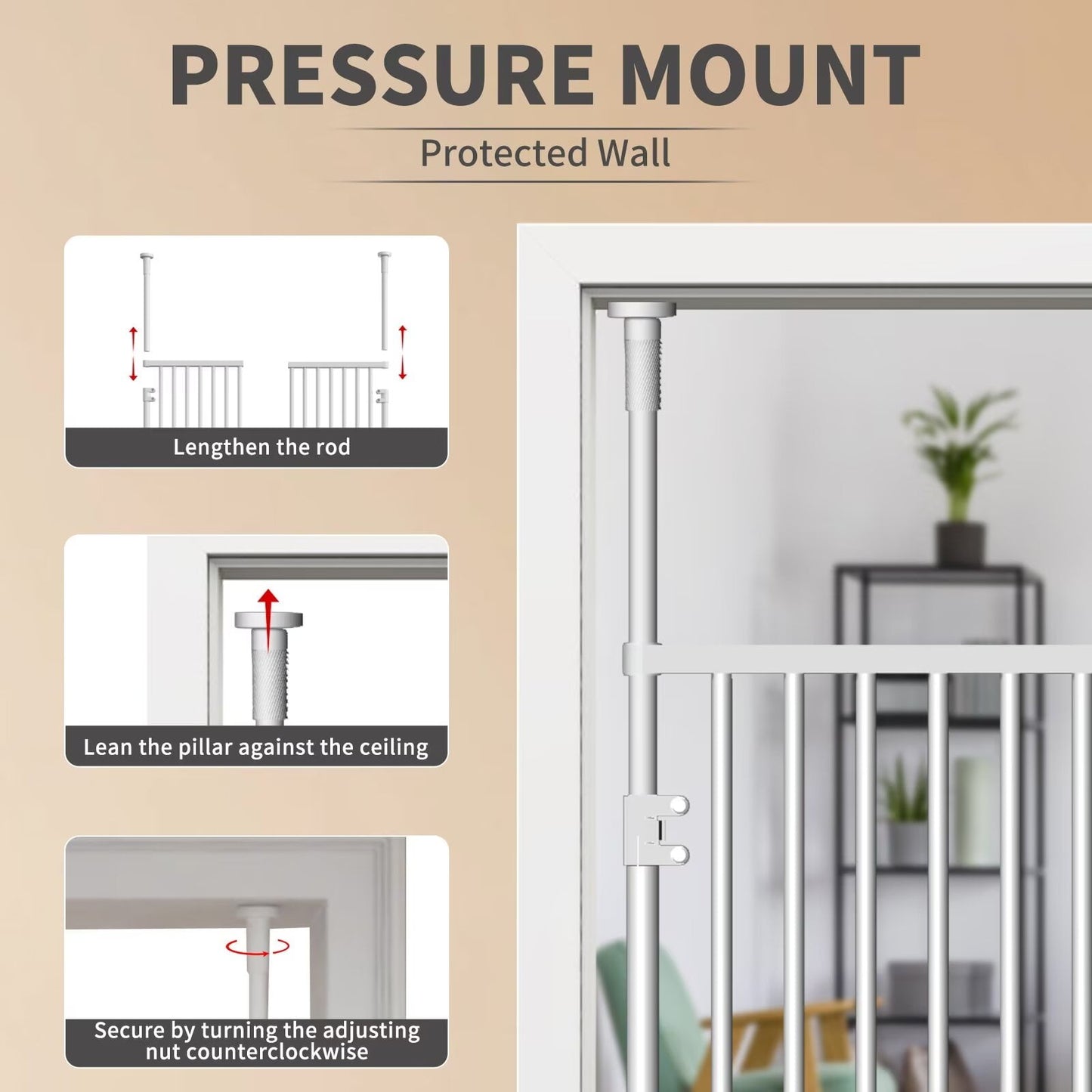Lilypelle Extra Tall Steel Pet Gate, Adjustable 33.4-35.8 Inch Wide, 74.8-96.5 Inch Tall, Pressure Mounted, Walk-Through Swing
